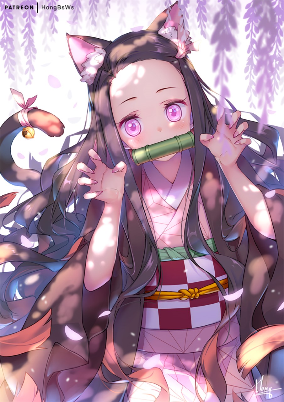 Kamado Nezuko with Animal Ears and Pink Eyes HD Phone Wallpaper