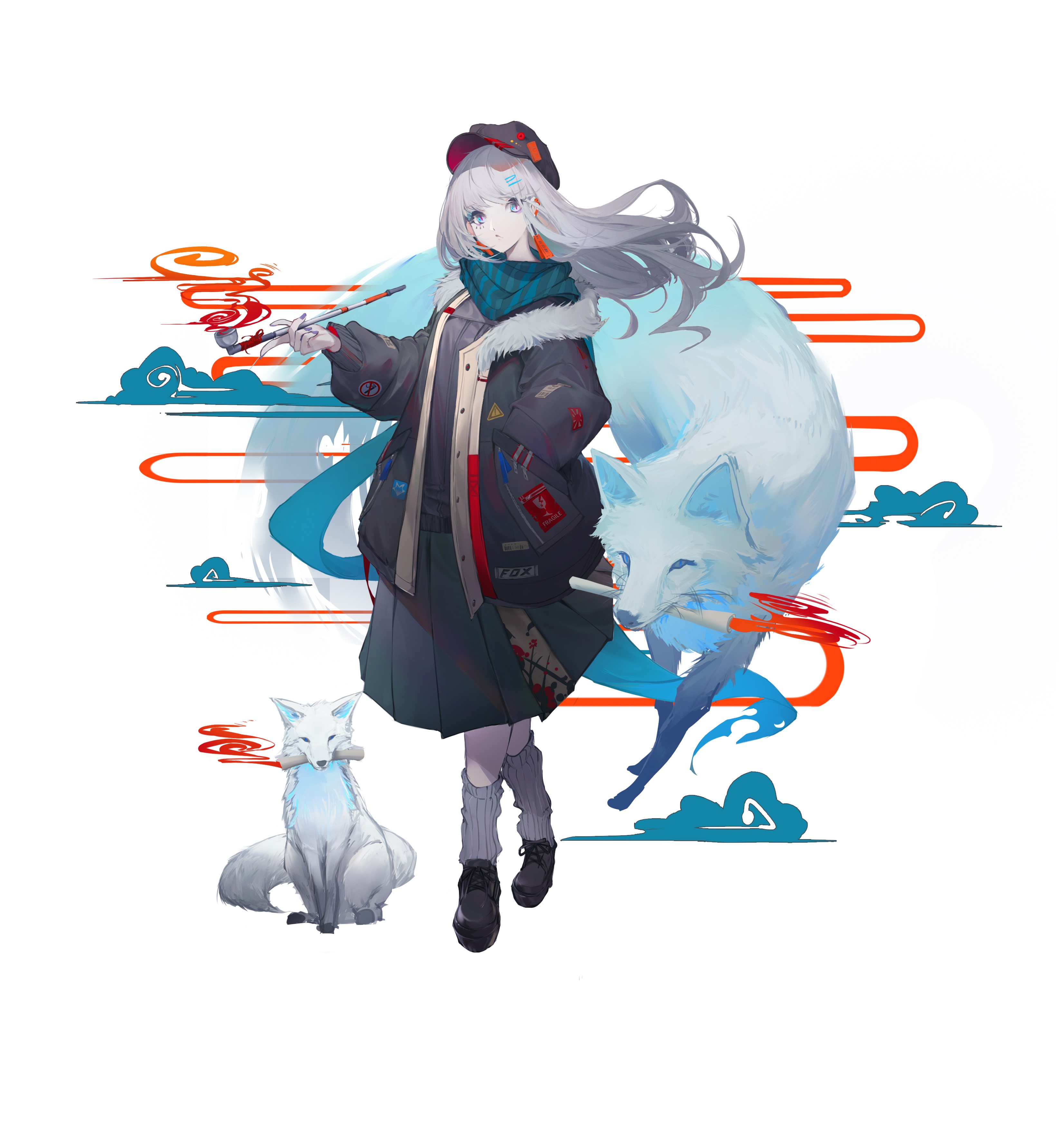 Anime girl with two foxes and abstract elements HD Phone Wallpaper