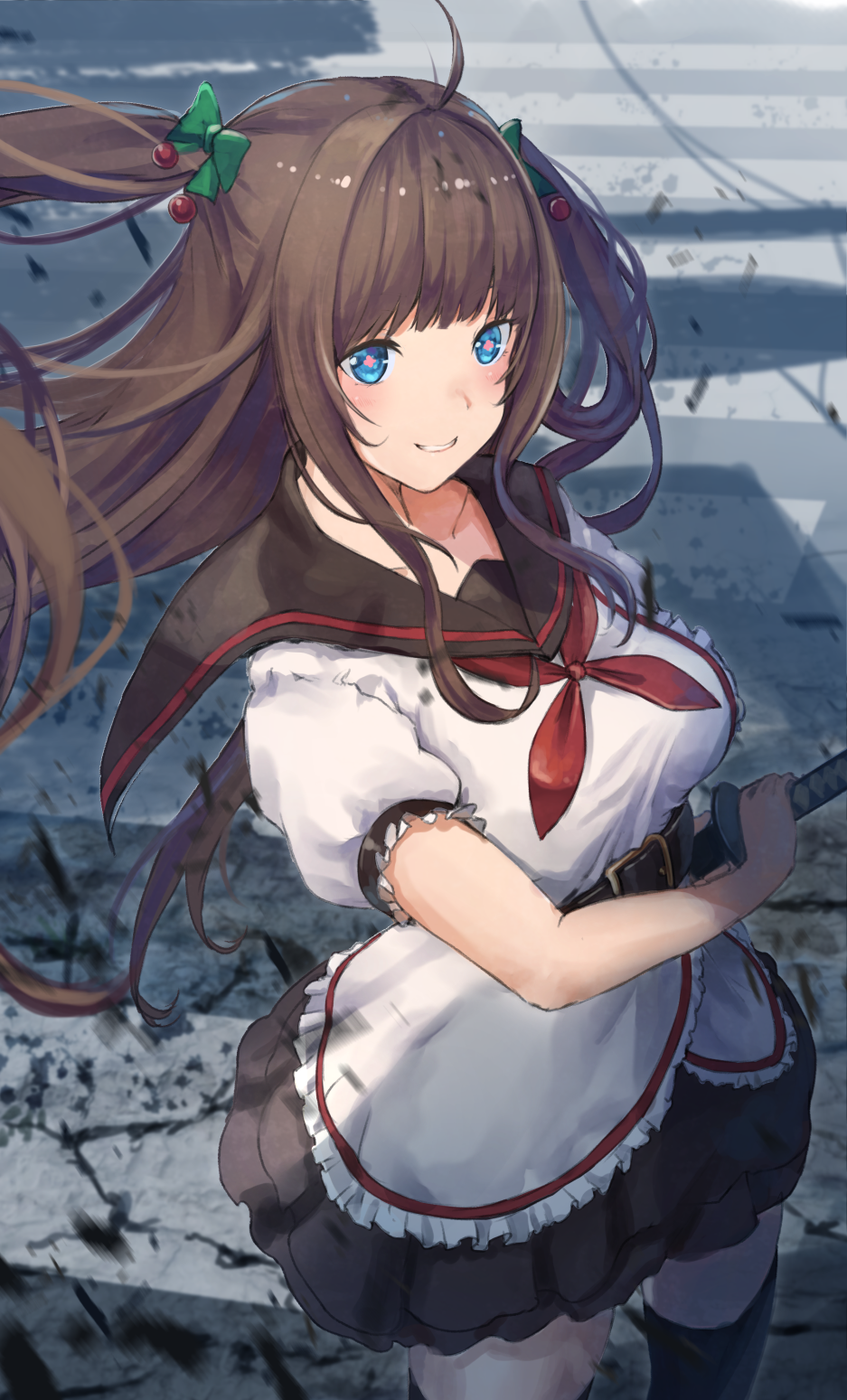 Anime girl with brown hair and blue eyes holding a sword HD Phone Wallpaper