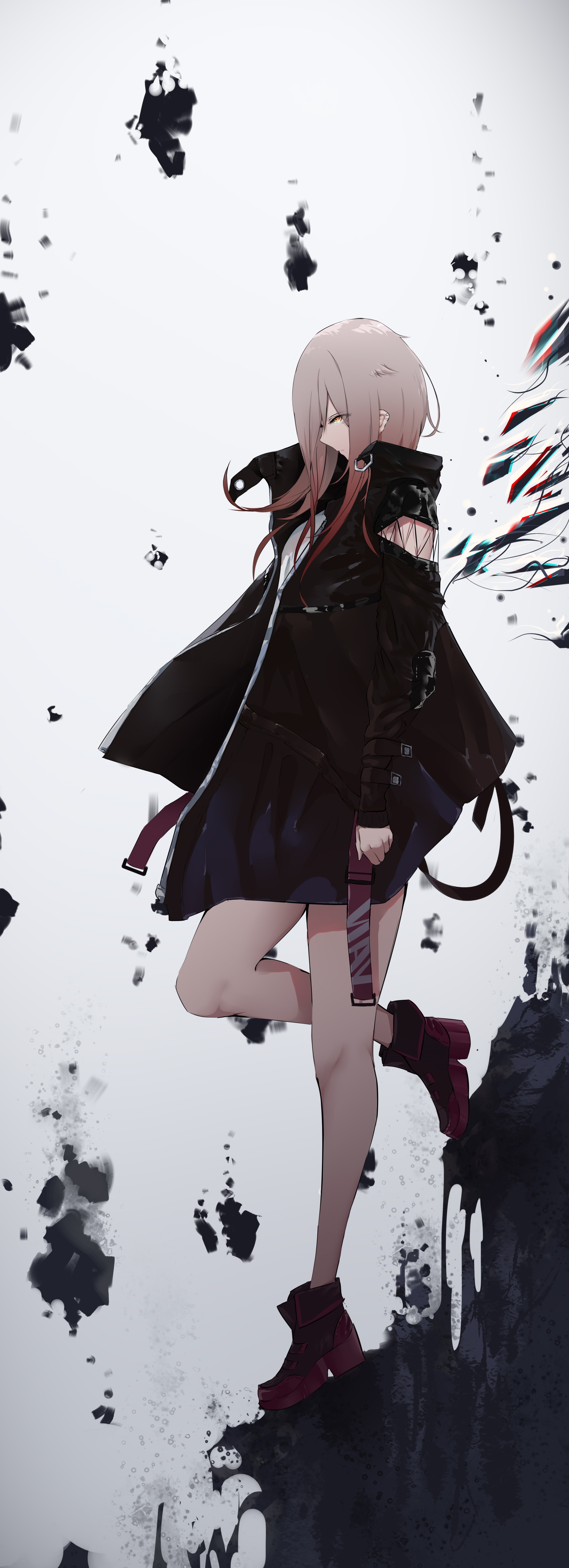 Anime girl with pink hair in black coat and skirt HD Phone Wallpaper