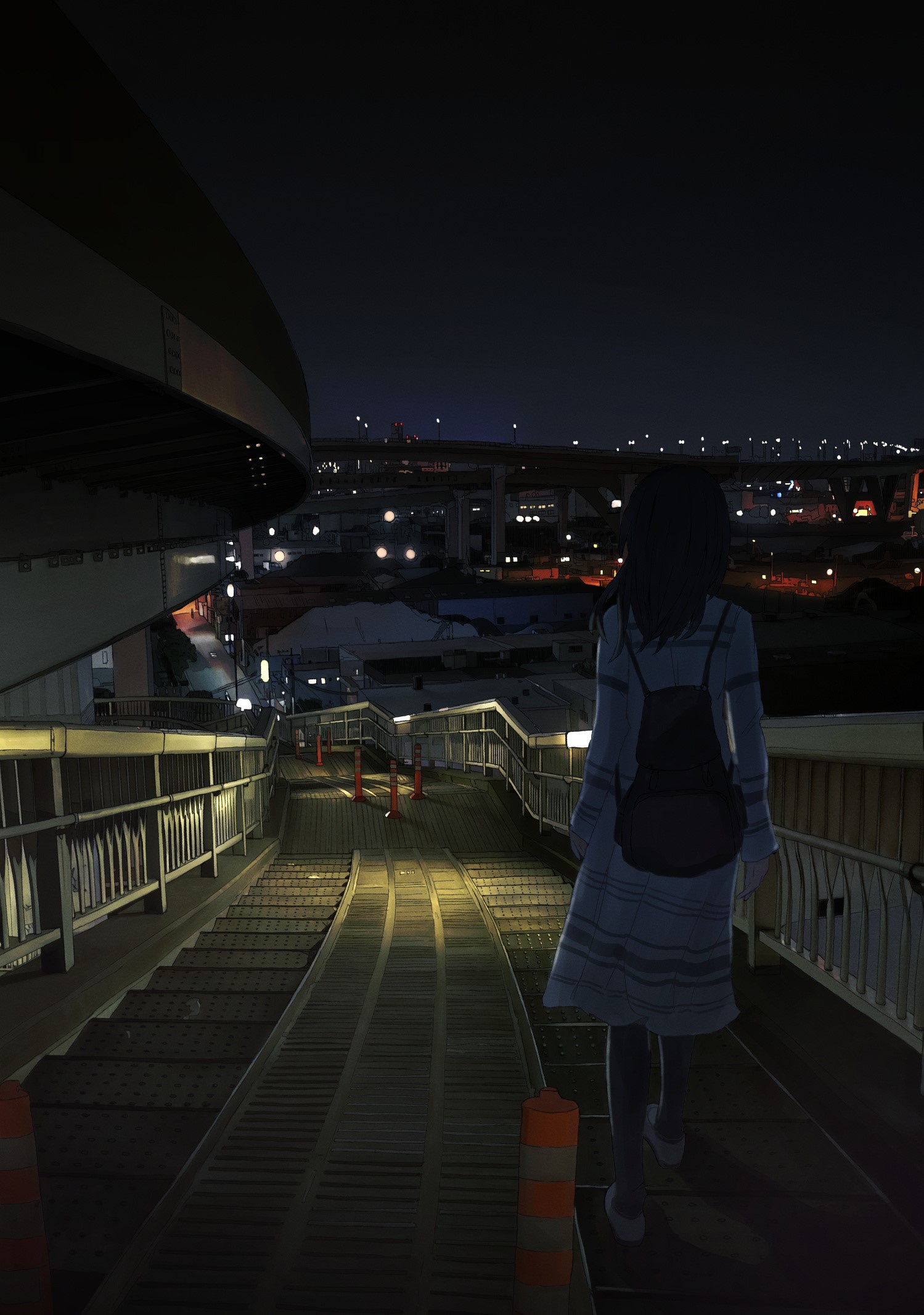 Anime girl walking down stairs at night HD Phone Wallpaper