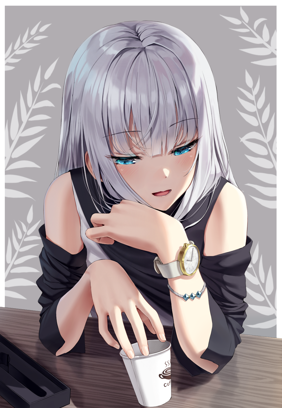 Anime girl with silver hair and blue eyes holding a coffee cup HD Phone Wallpaper