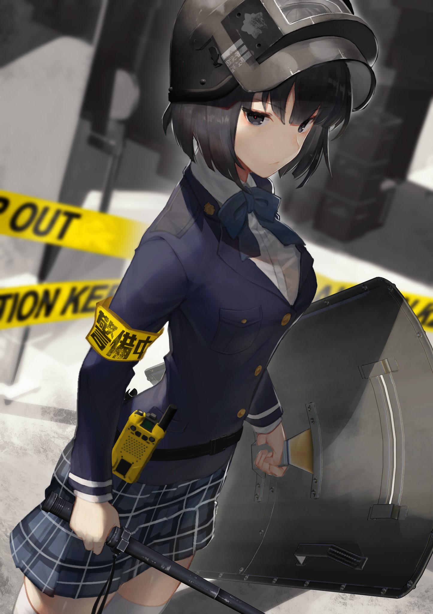 Anime girl in riot gear with shield and baton HD Phone Wallpaper
