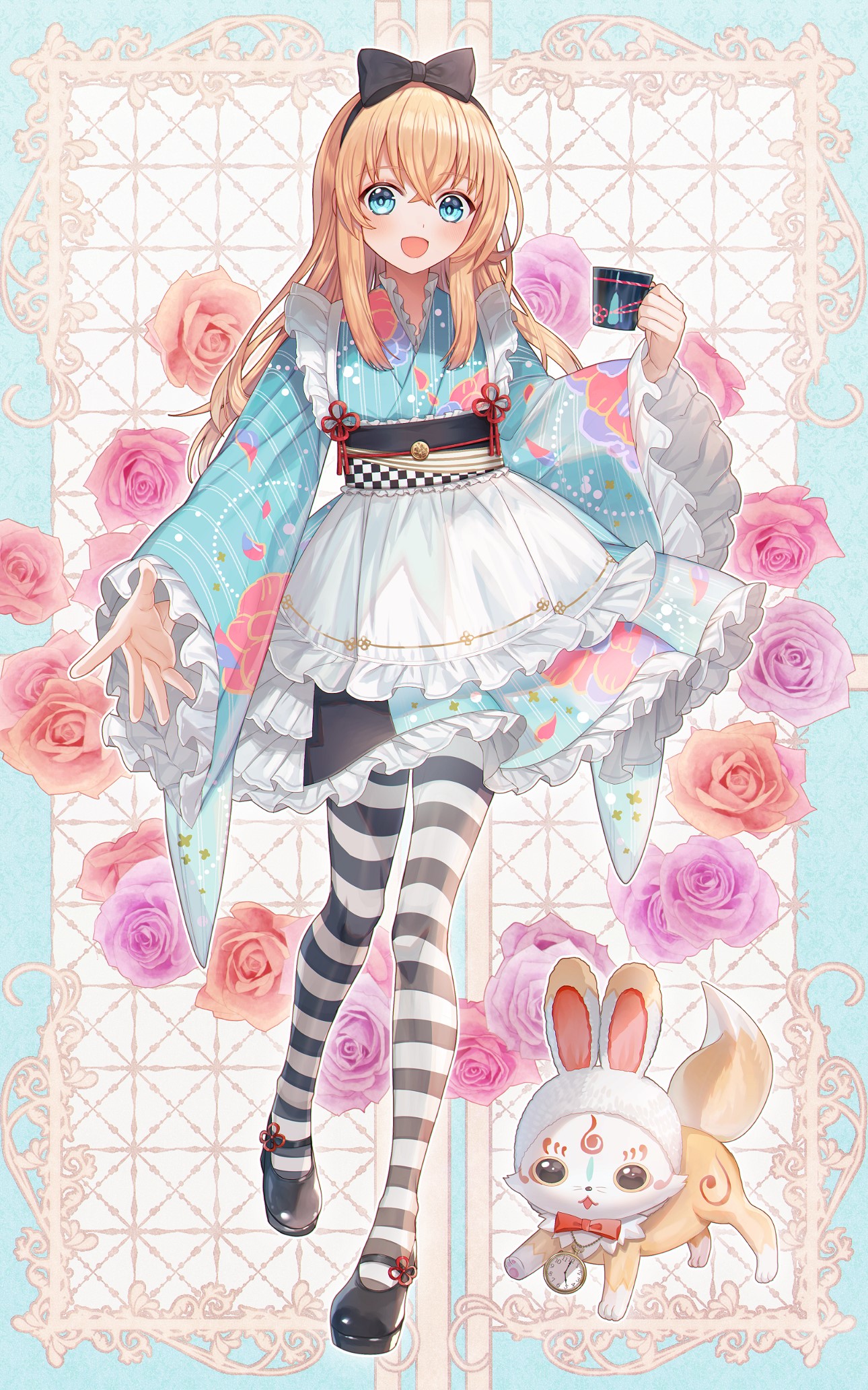 Anime girl in kimono with rabbit-like creature HD Phone Wallpaper