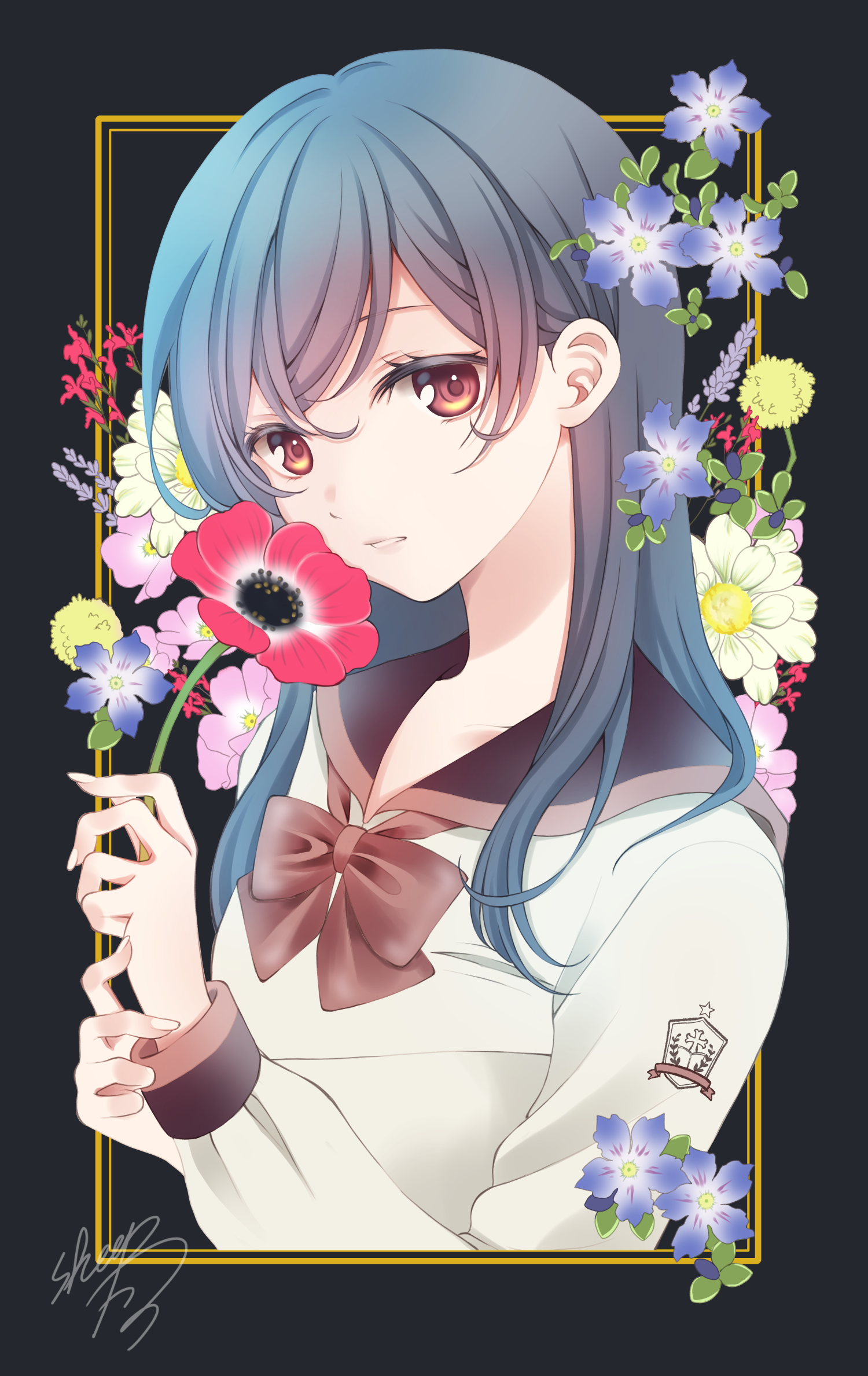 Anime girl with blue hair and flowers HD Phone Wallpaper