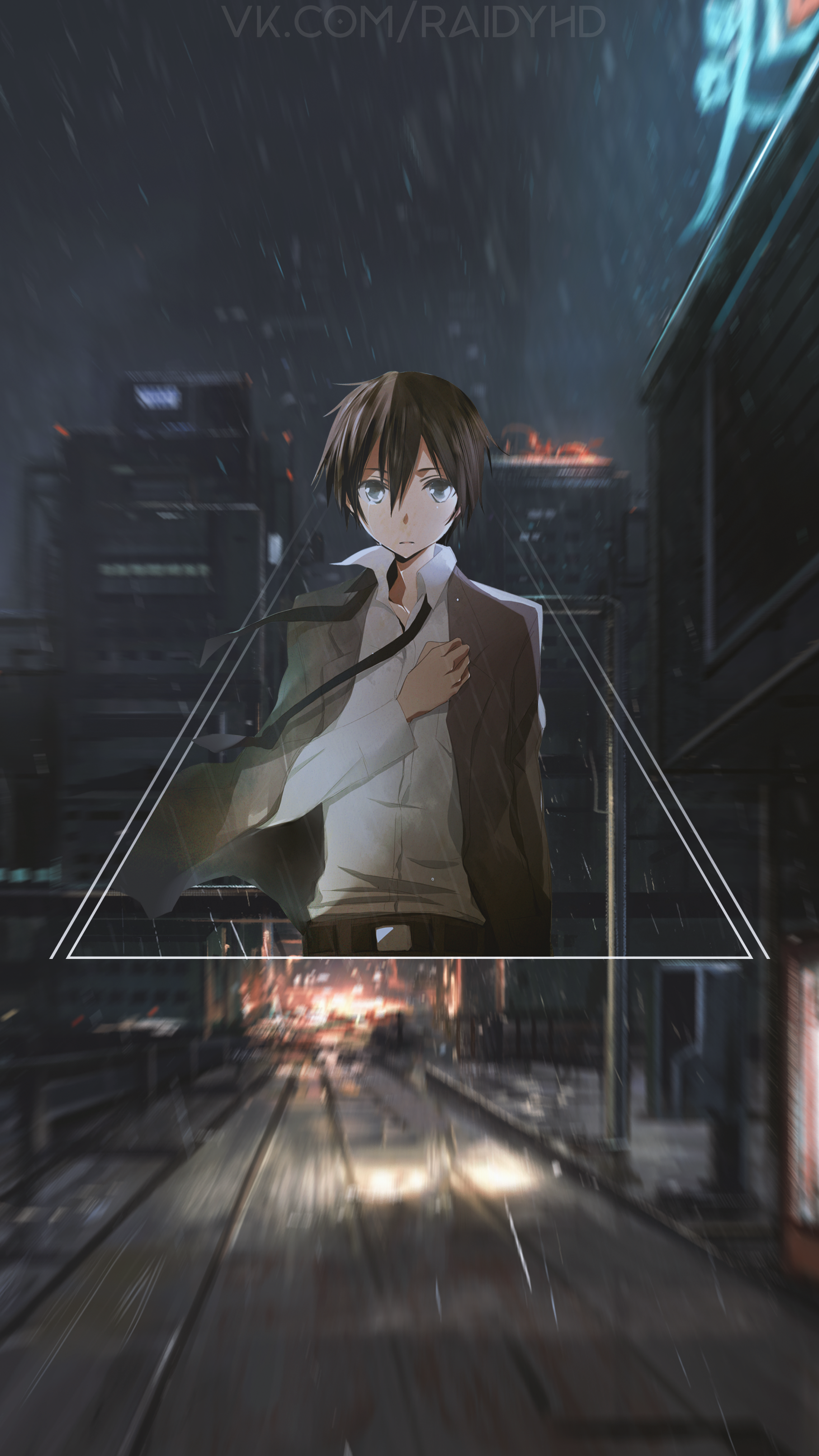 Anime boy in suit in rainy city HD Phone Wallpaper