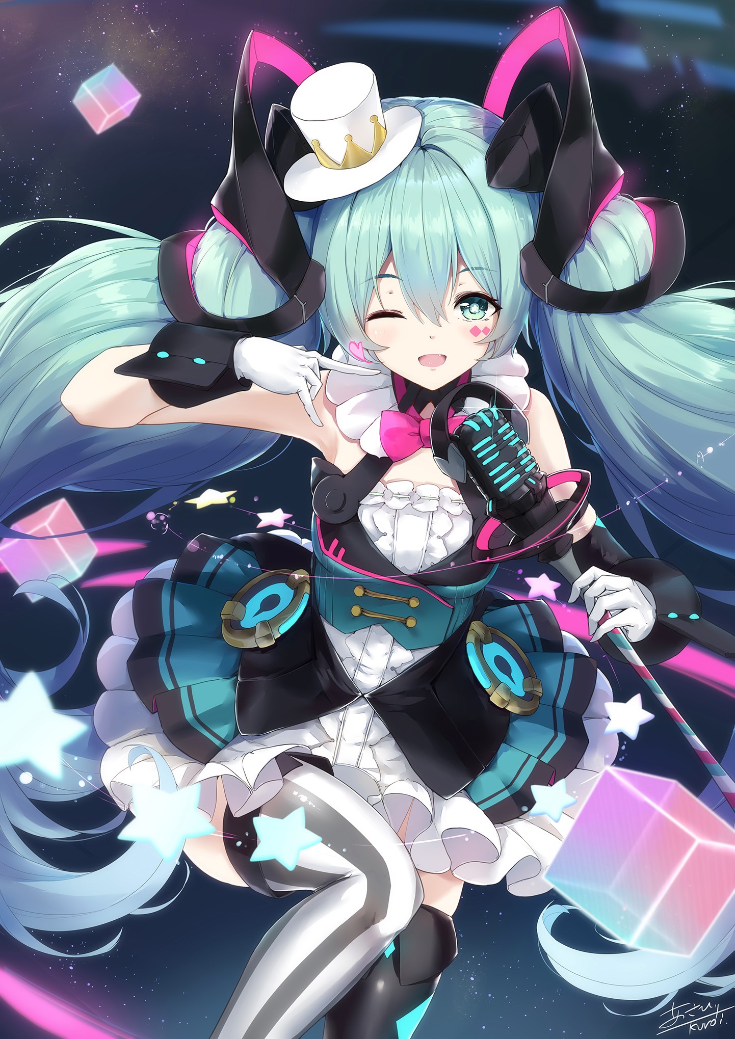 Hatsune Miku performing on stage with cubes and stars HD Phone Wallpaper
