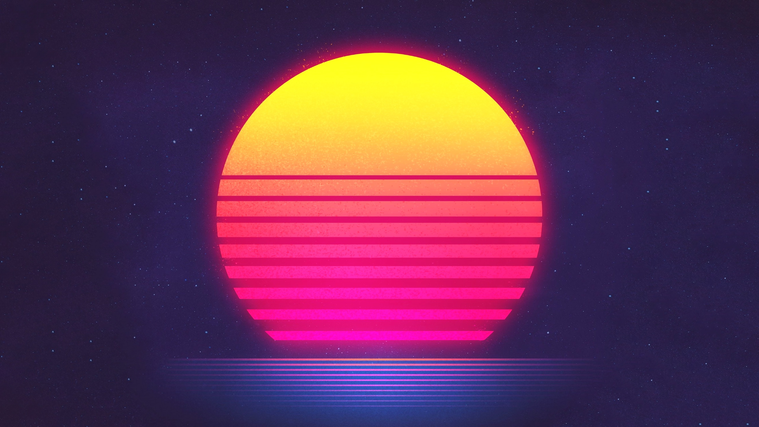 Retrowave sunset with neon grid horizon HD Wallpaper
