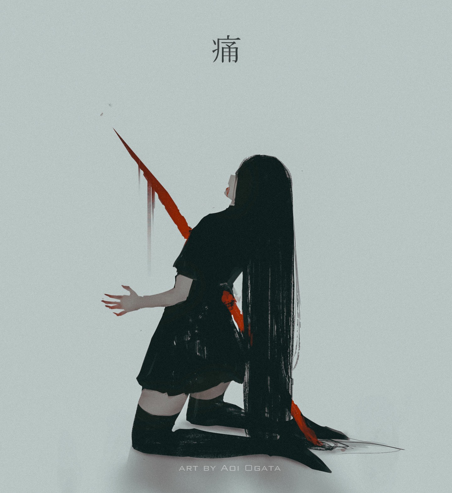 Girl with long black hair pierced by a red object HD Phone Wallpaper