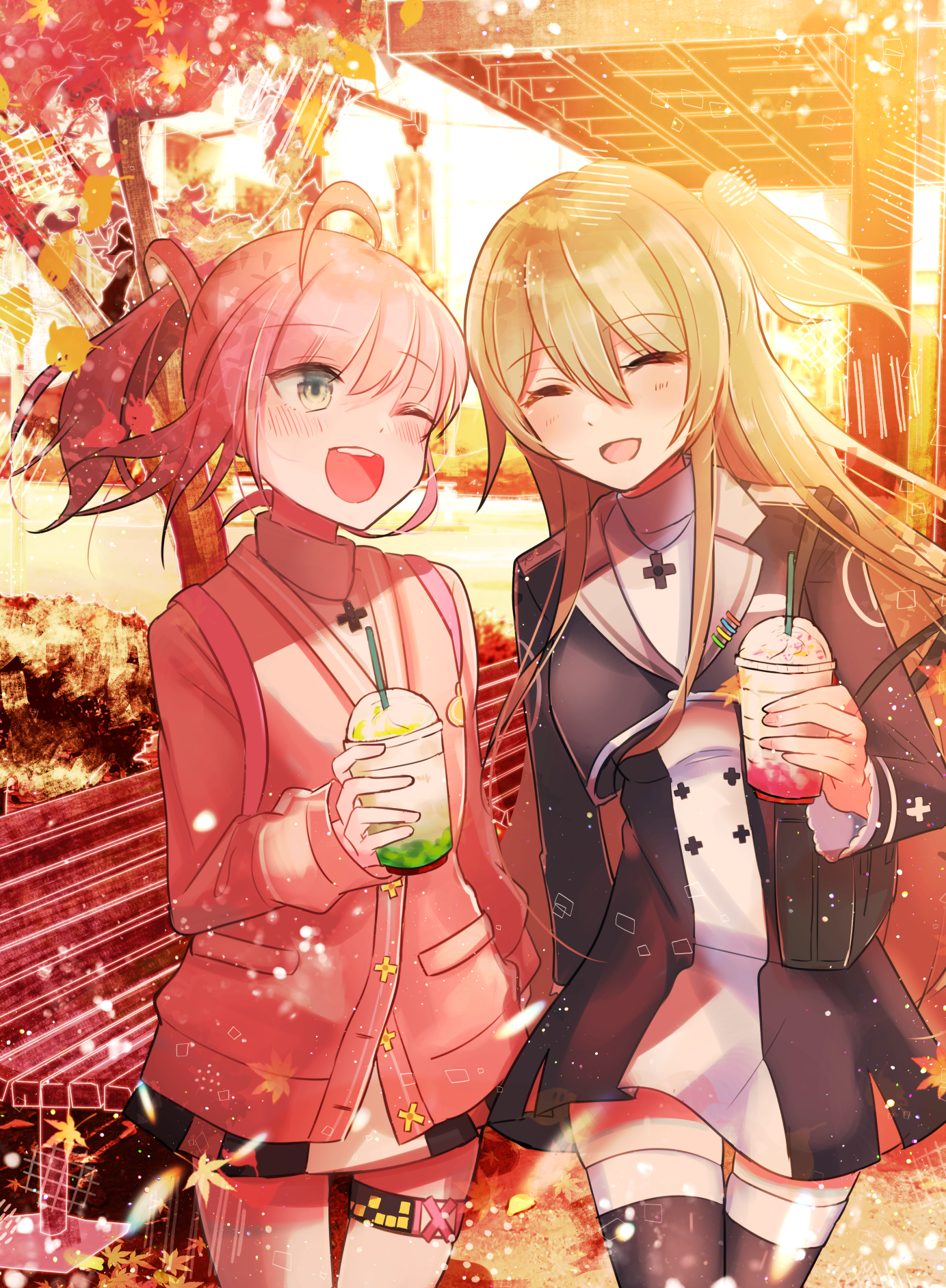 Two anime girls with drinks in autumn HD Phone Wallpaper