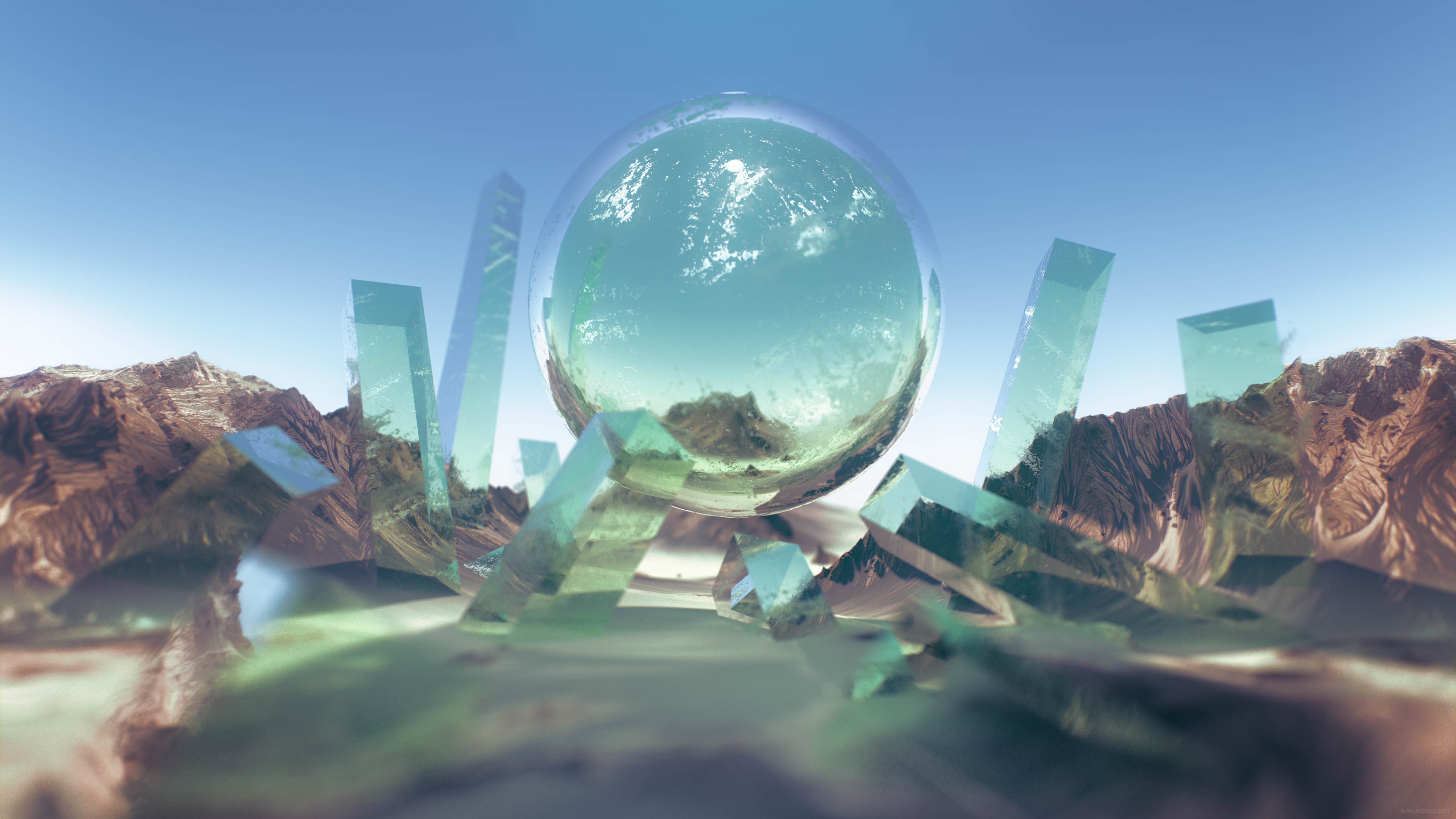 3D Sphere and Crystals in Desert Mountains HD Wallpaper