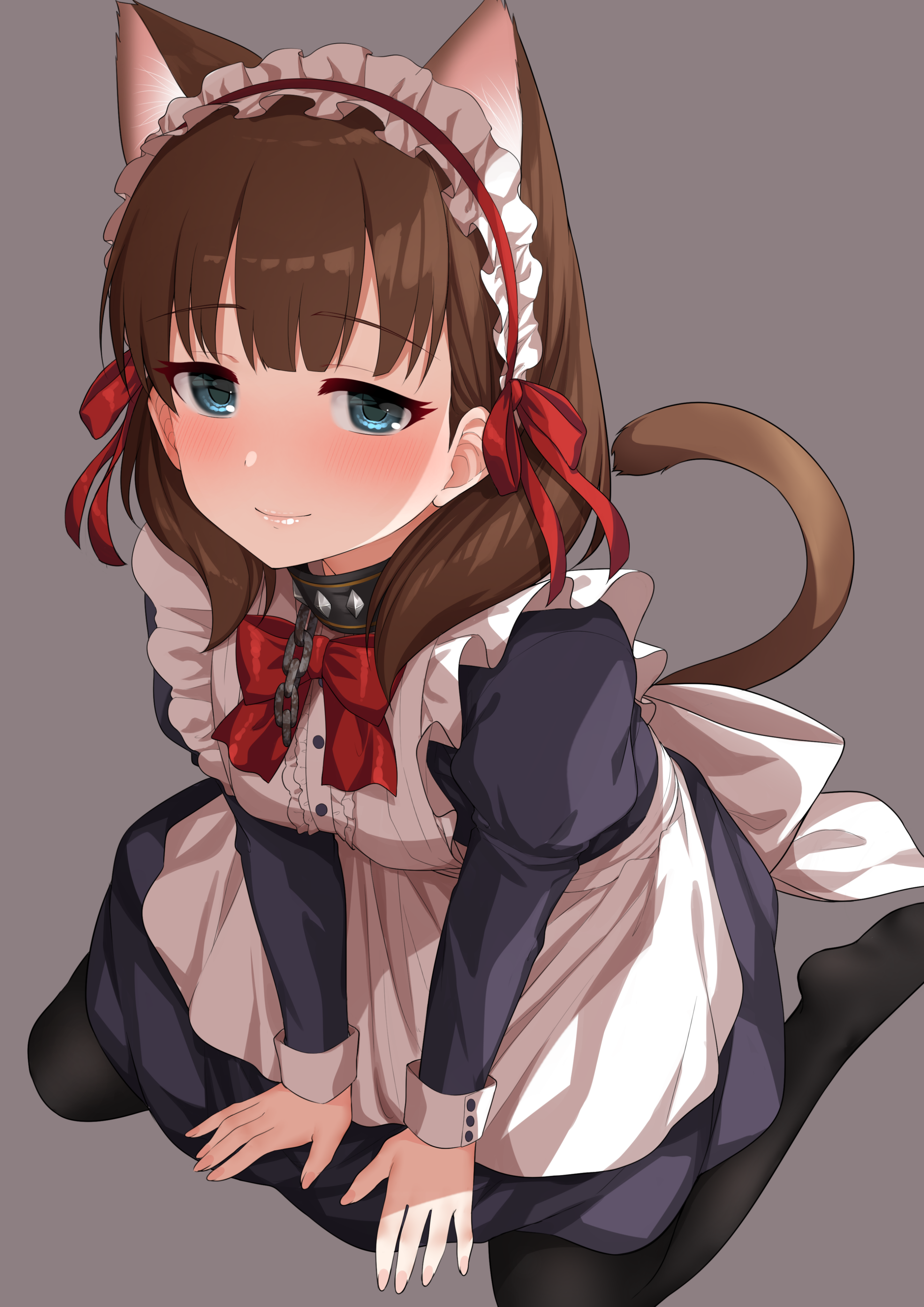 Anime Cat Girl Maid with Red Bows HD Phone Wallpaper