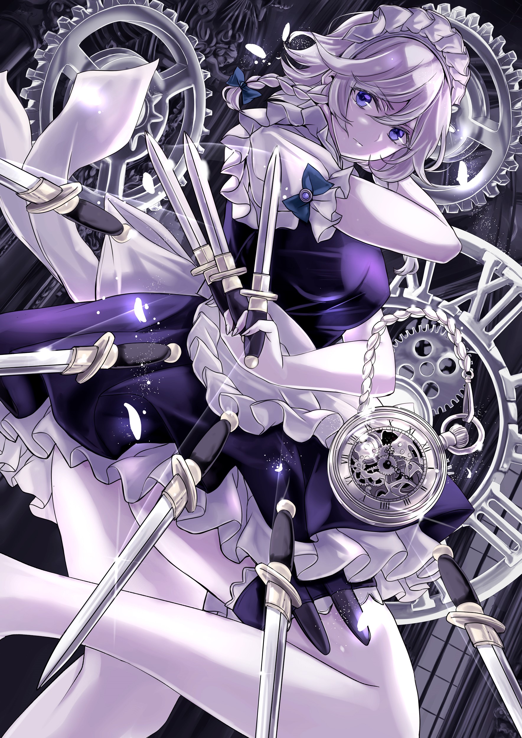 Izayoi Sakuya from Touhou with knives and clockwork HD Phone Wallpaper