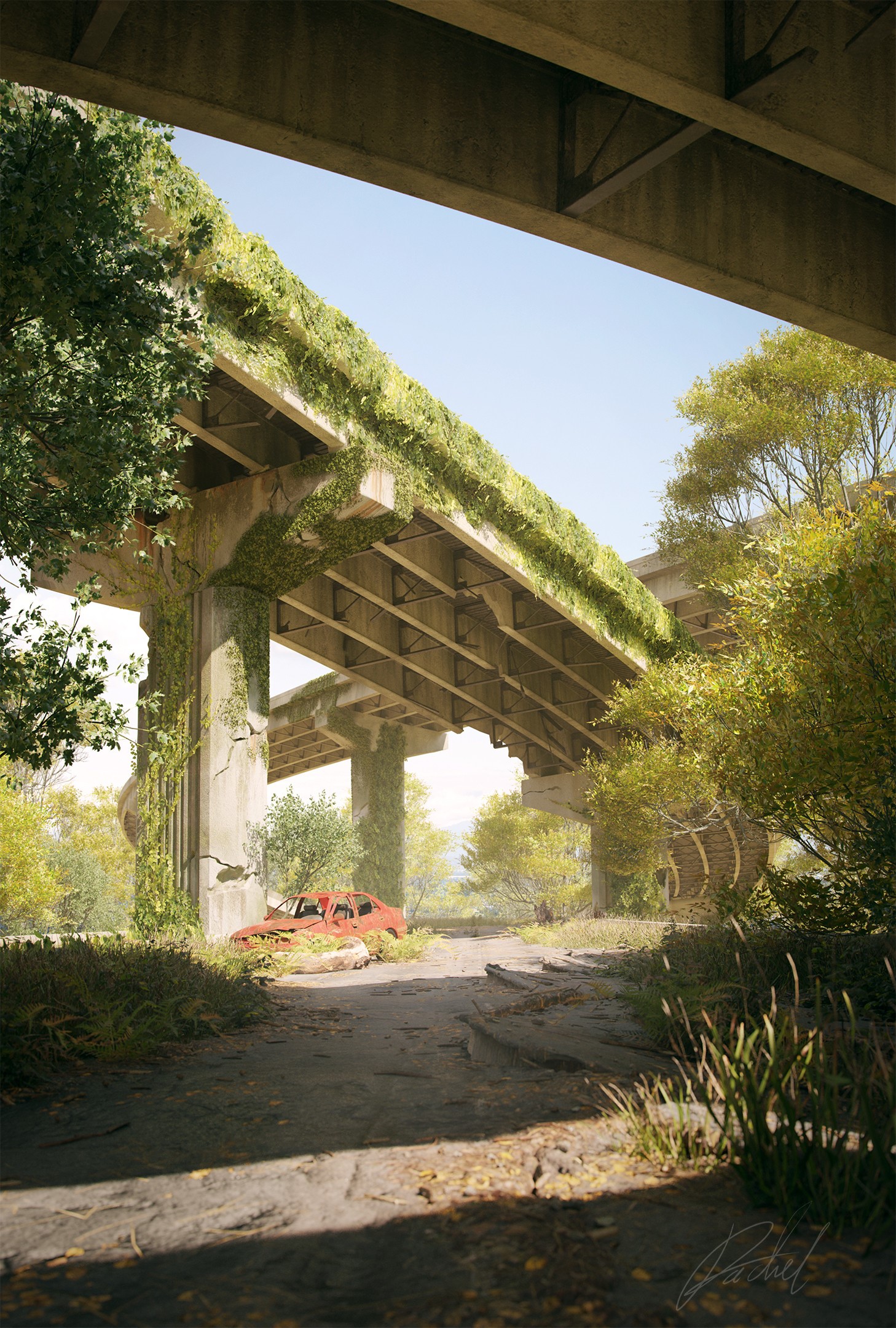 Overgrown bridge ruins with a red car HD Phone Wallpaper