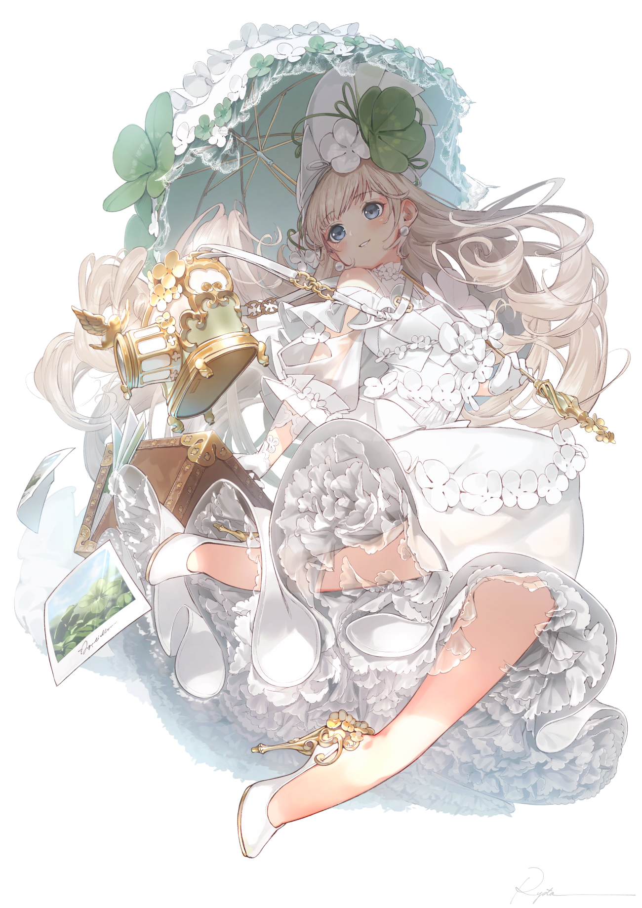 Anime girl in white dress with parasol and luggage HD Phone Wallpaper