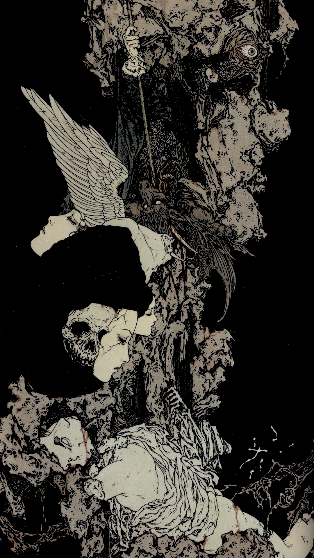 Abstract artwork with skulls and wings HD Phone Wallpaper