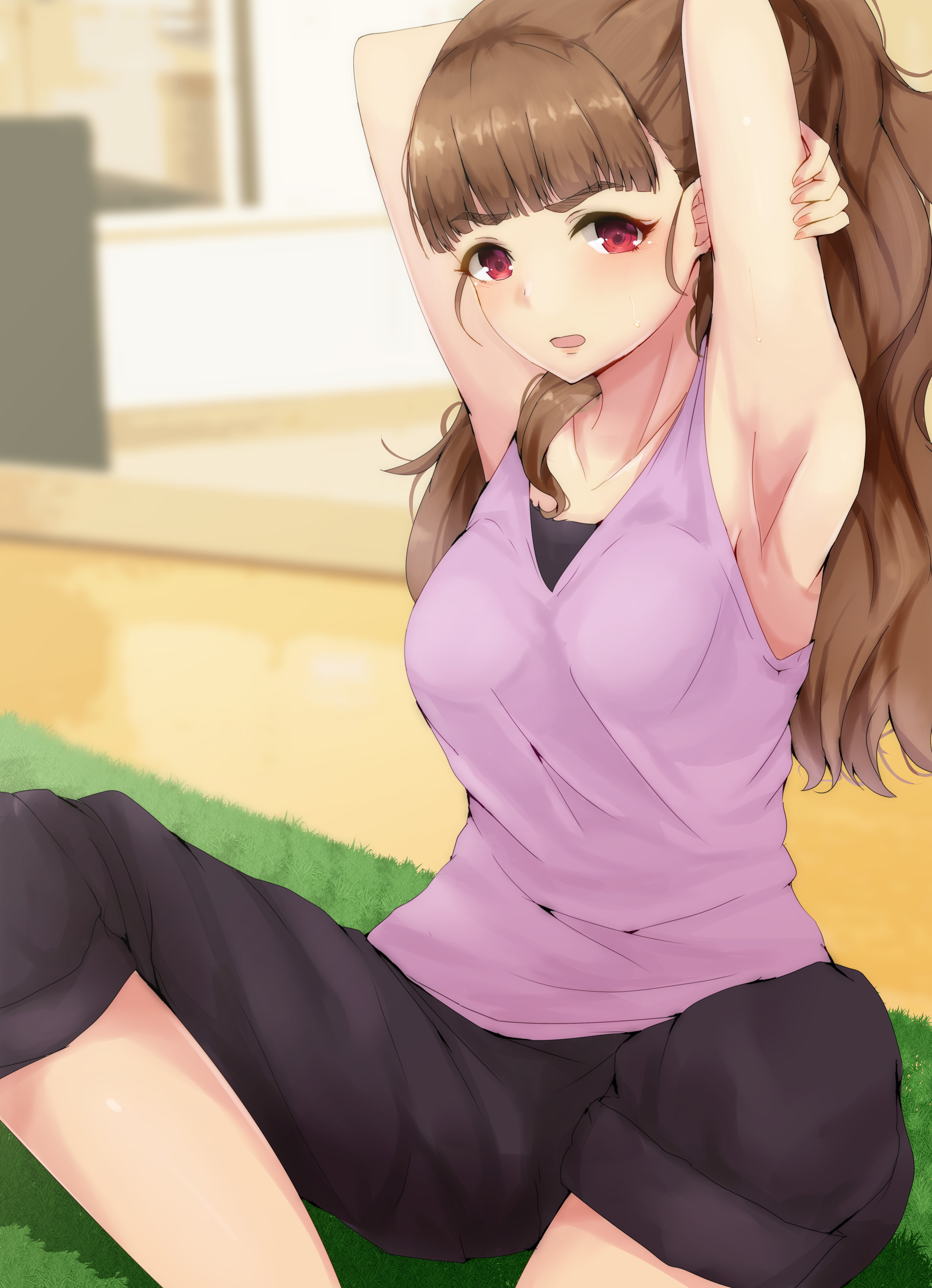 Anime girl stretching on a mat HD Phone Wallpaper