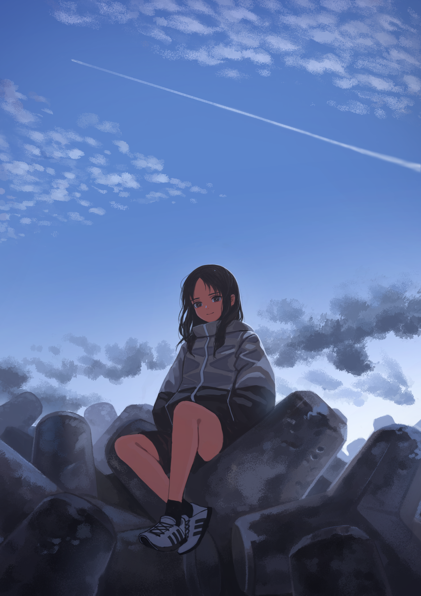 Anime girl sitting on tetrapods under a cloudy sky HD Phone Wallpaper