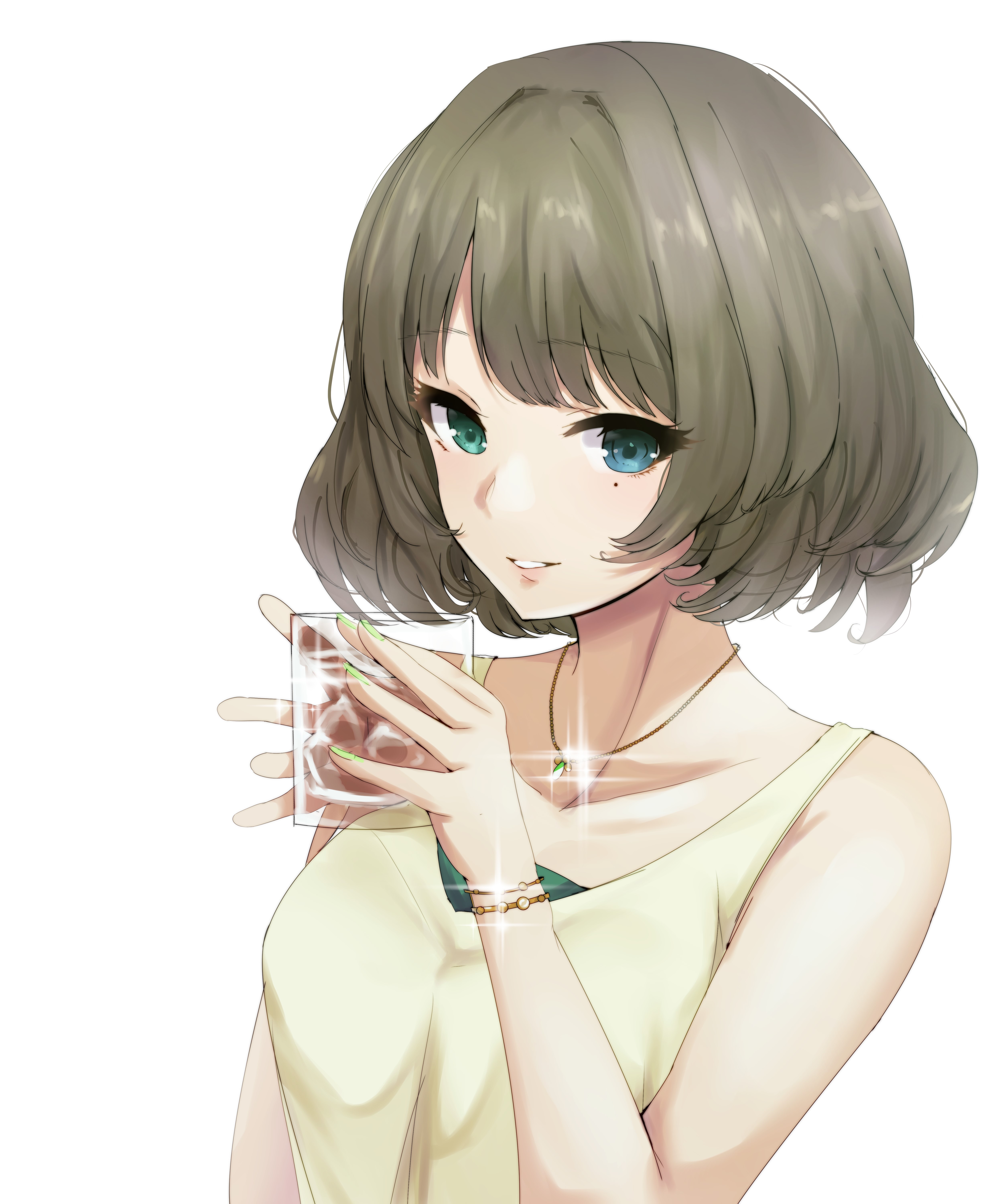 Anime girl with short brown hair holding a glass HD Phone Wallpaper