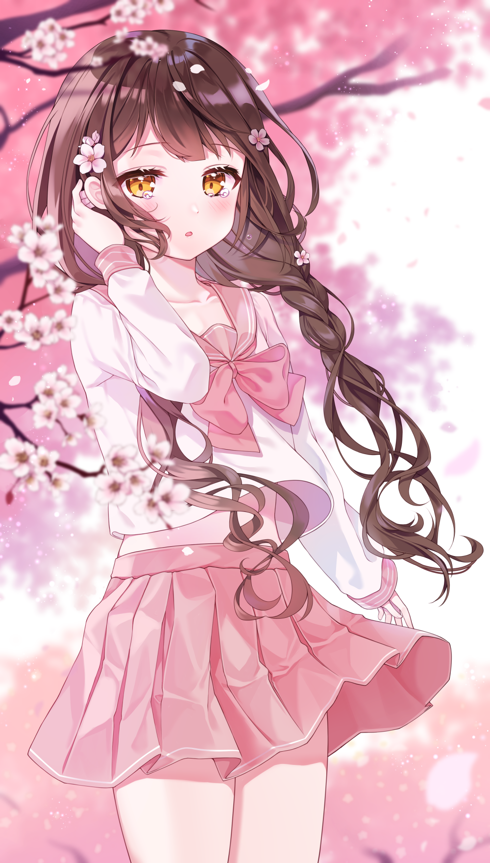 Anime girl with brown hair and cherry blossoms HD Phone Wallpaper