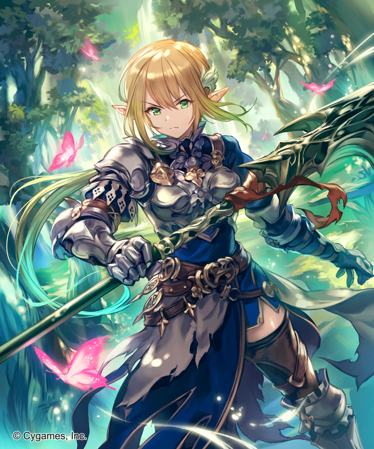 Elf warrior with spear in forest HD Phone Wallpaper