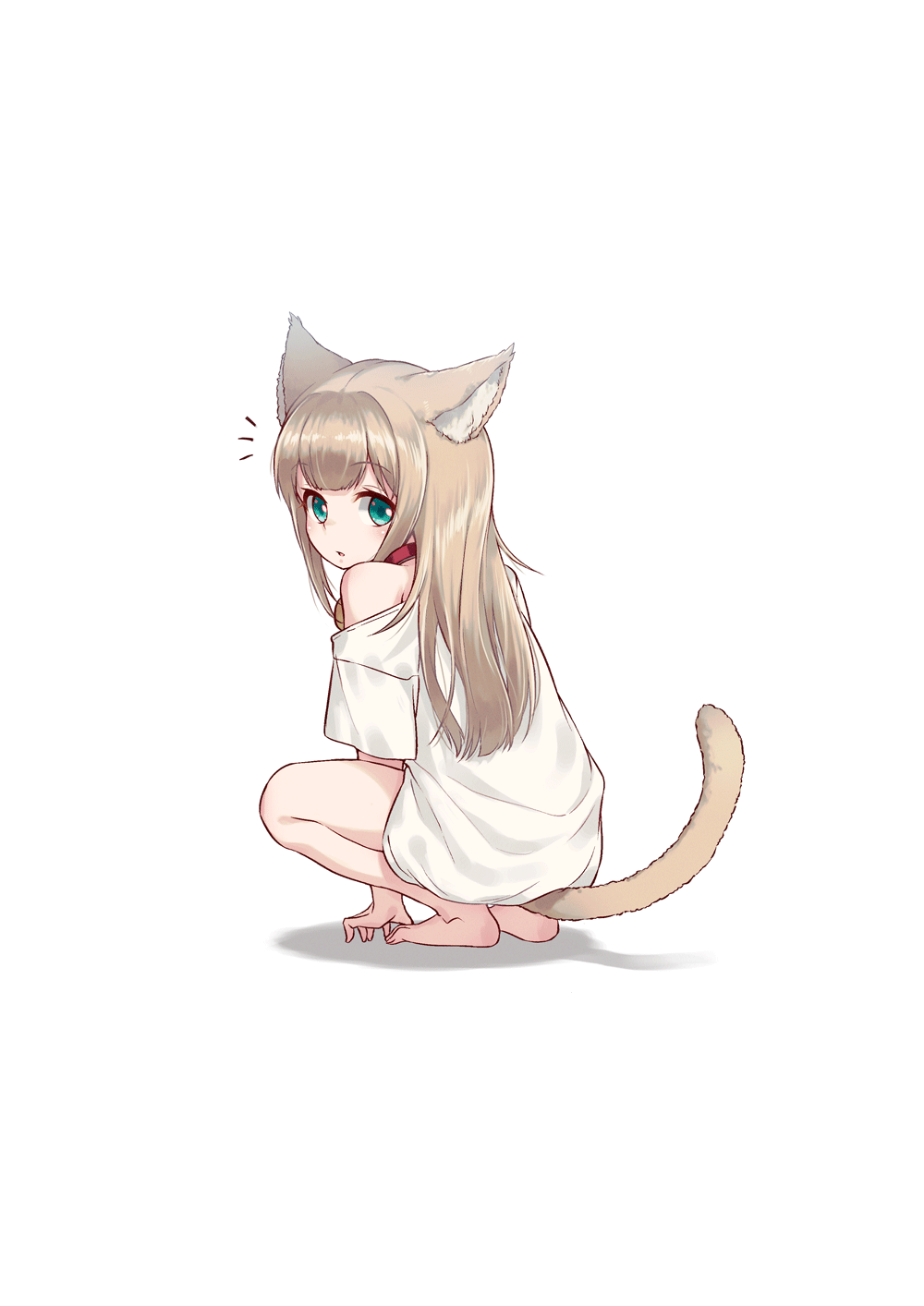 Anime cat girl squatting in a white shirt HD Phone Wallpaper