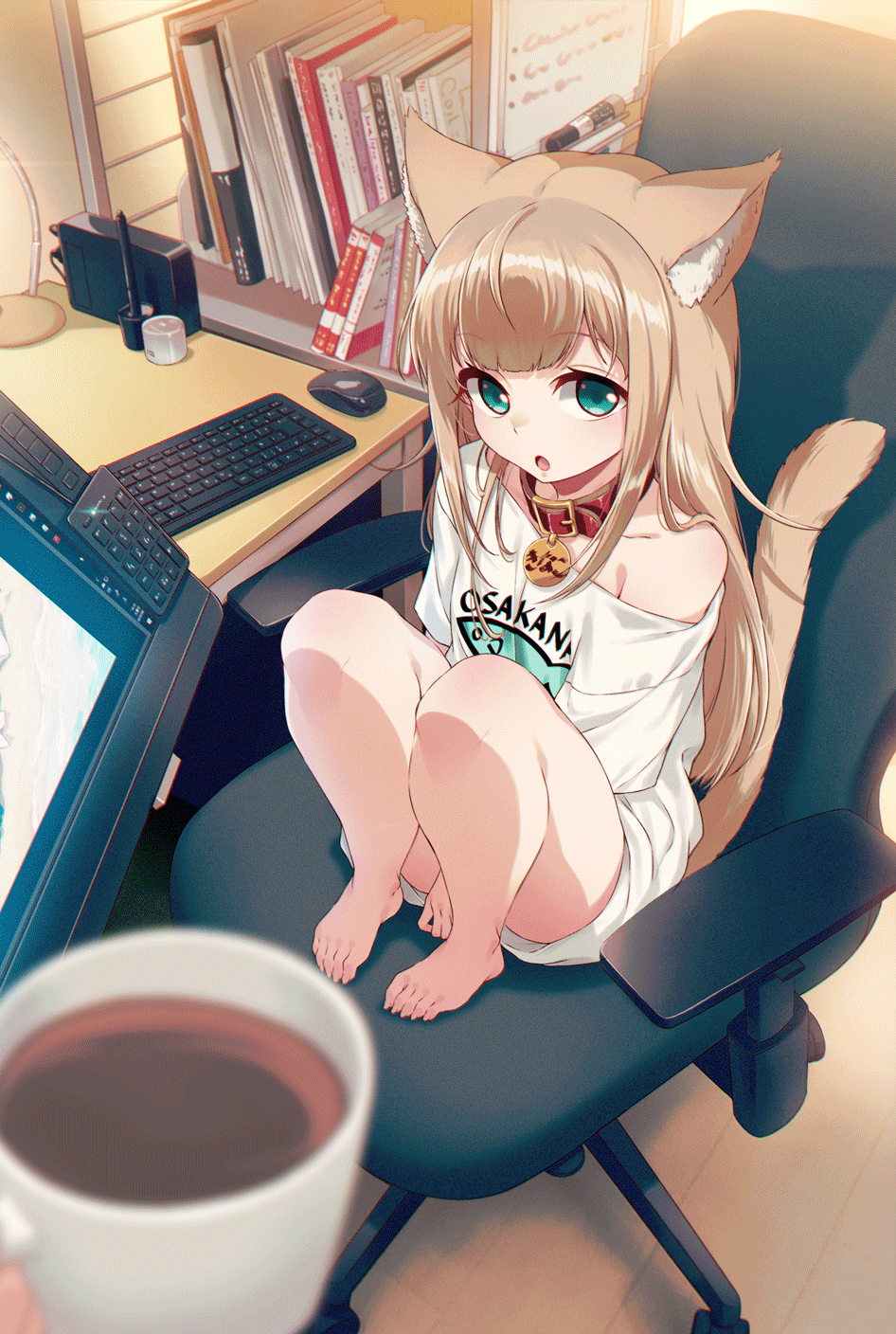 Anime cat girl sitting in a chair with coffee HD Phone Wallpaper