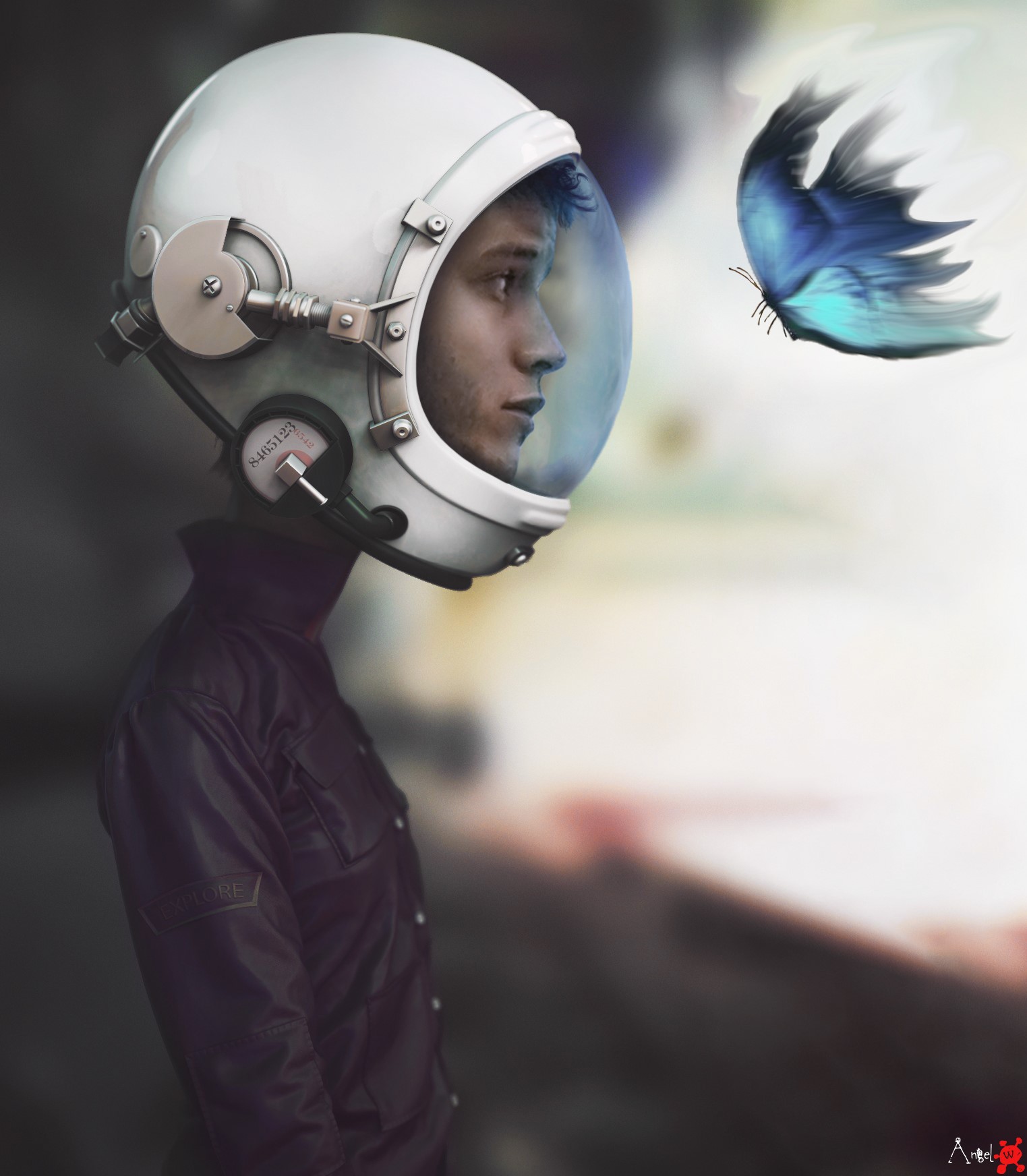 Man in astronaut helmet looking at butterfly HD Phone Wallpaper