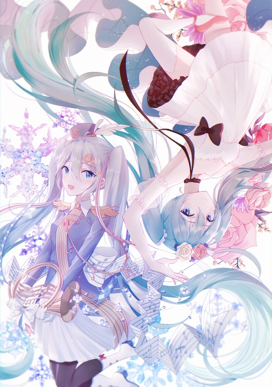 Two anime girls with long hair and musical notes HD Phone Wallpaper