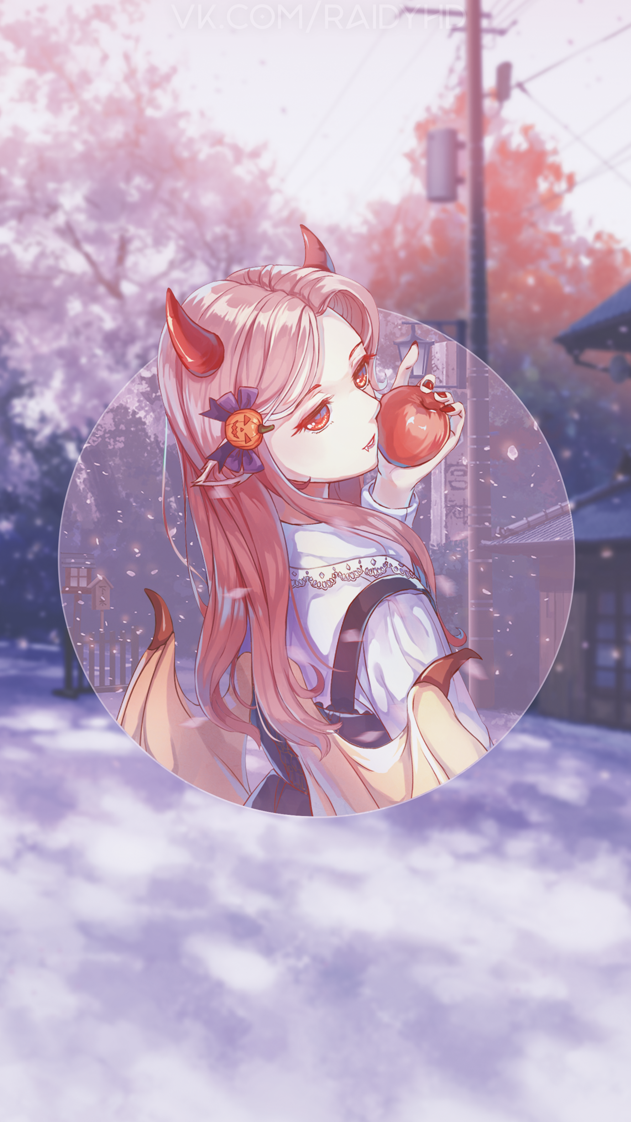 Anime girl with horns and wings holding an apple HD Phone Wallpaper