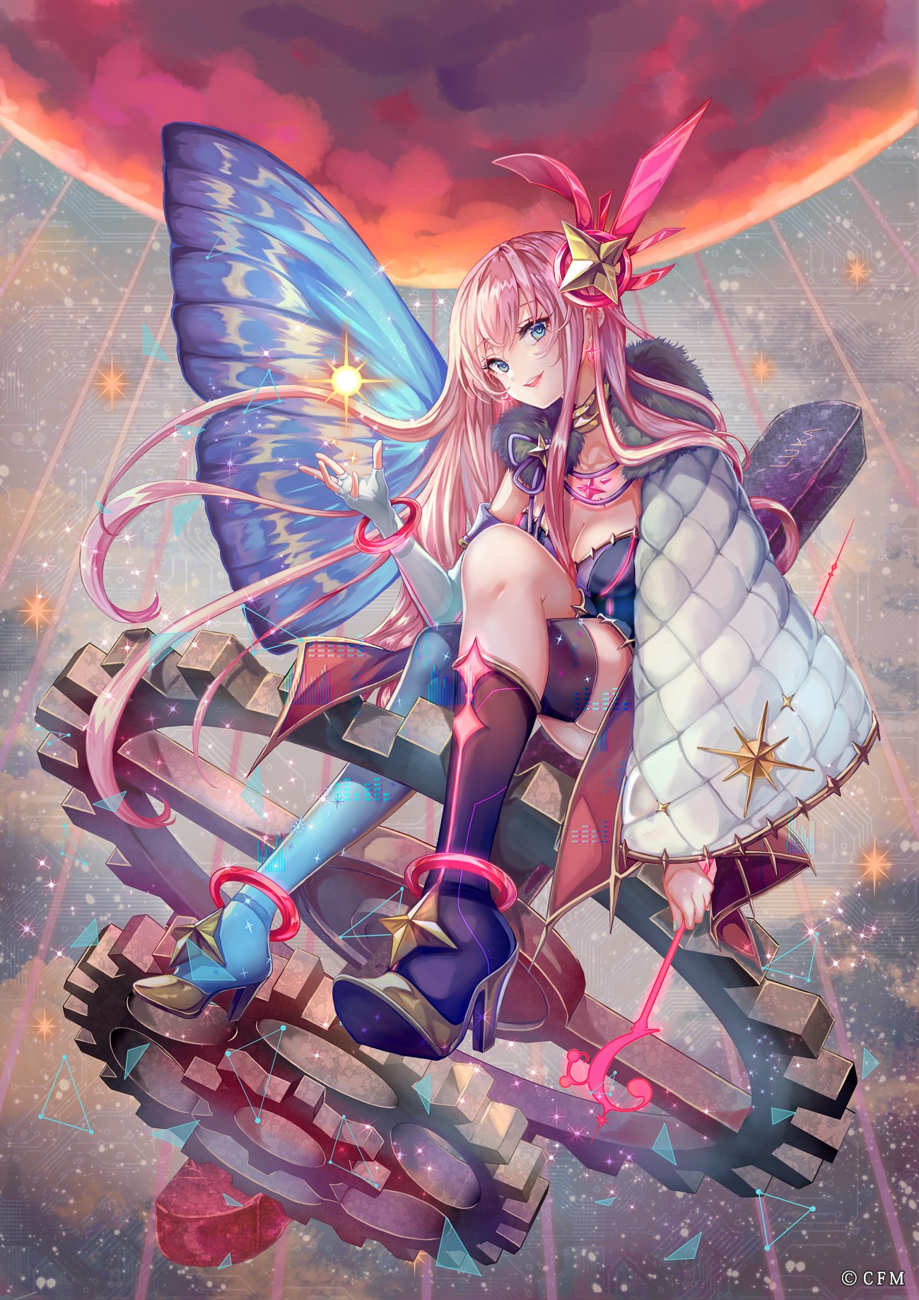 Anime girl with butterfly wings sitting on gears HD Phone Wallpaper