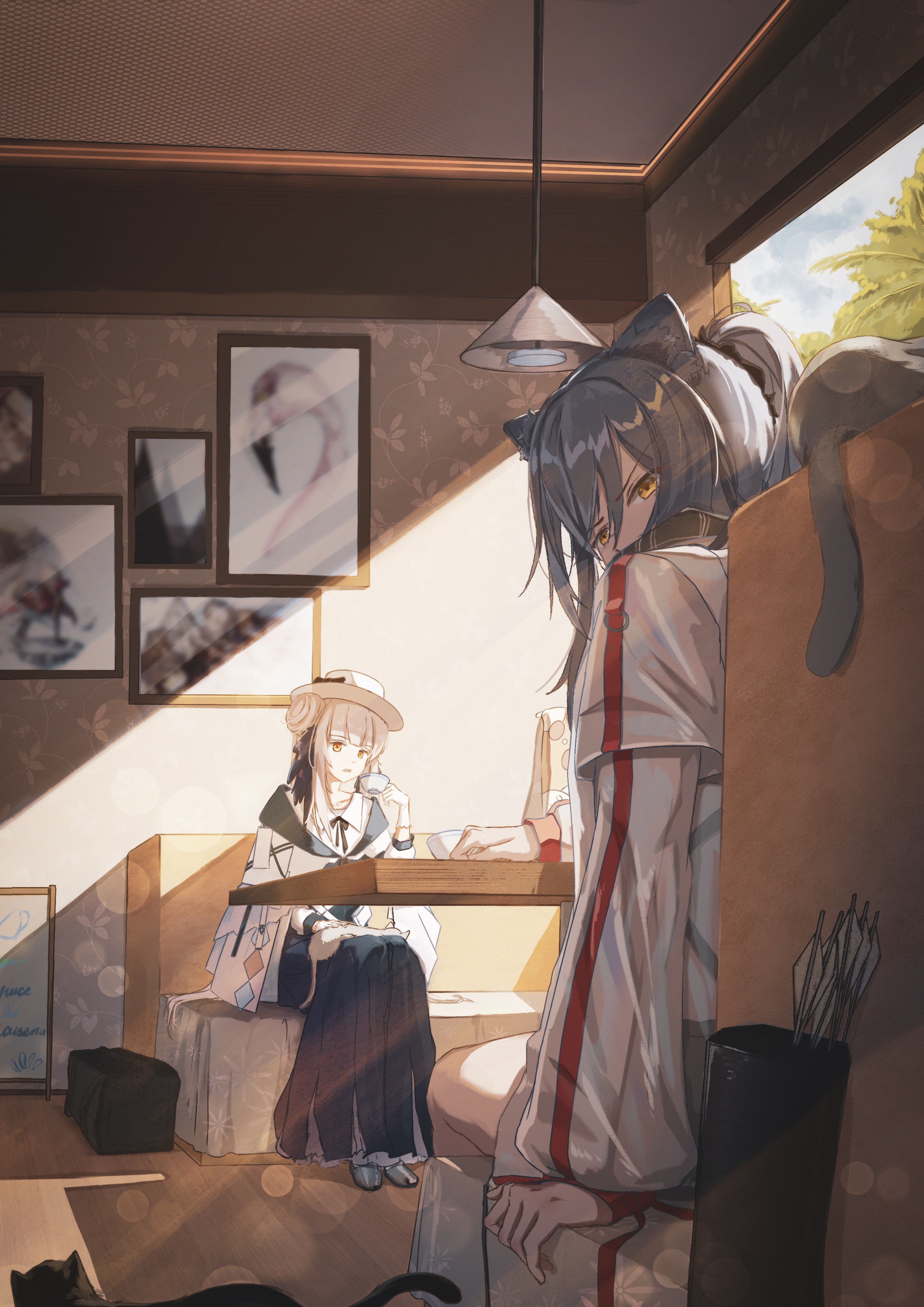 Anime girls in a cafe with sunlight HD Phone Wallpaper