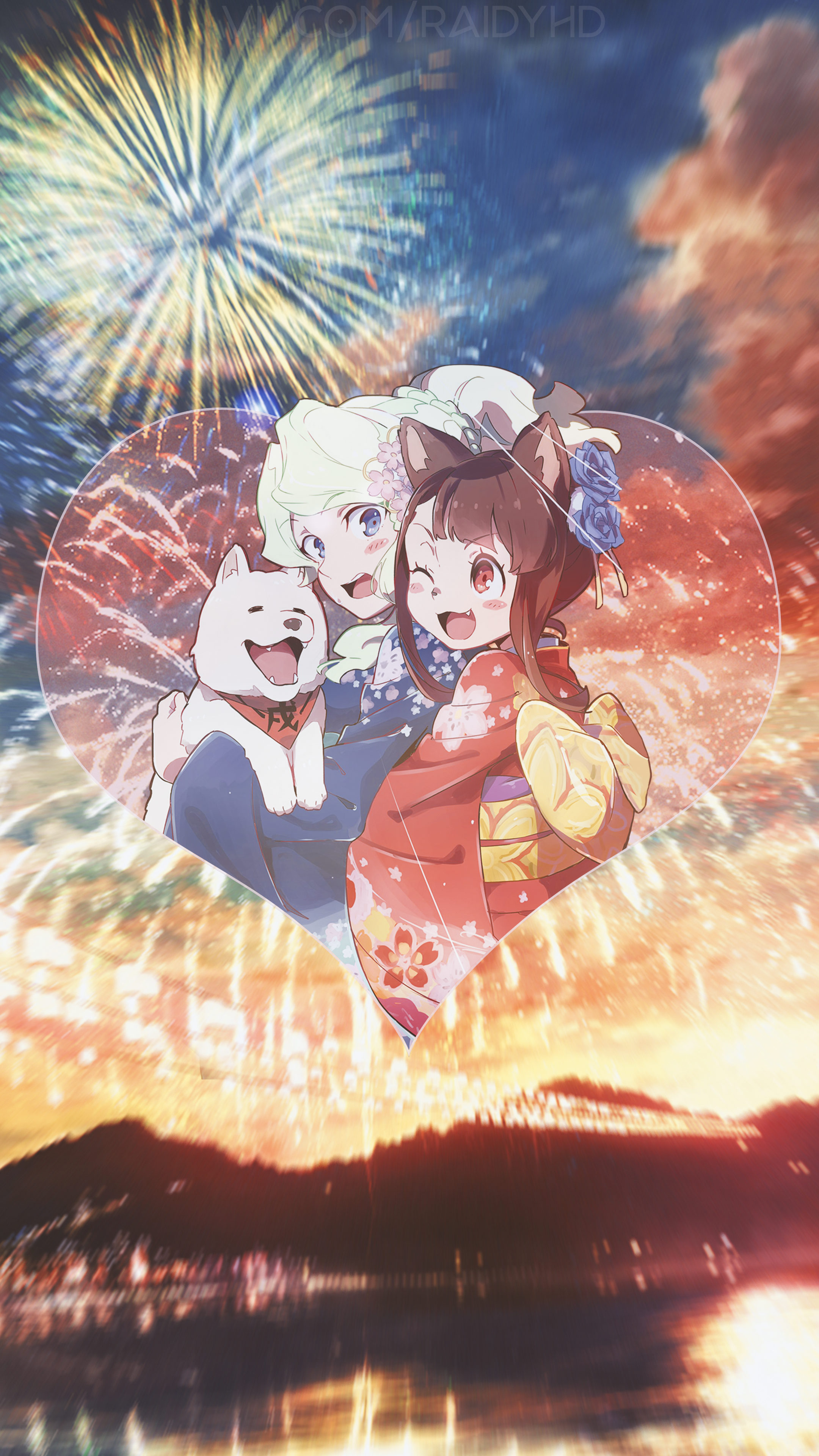 Anime girls and dog in heart with fireworks HD Phone Wallpaper