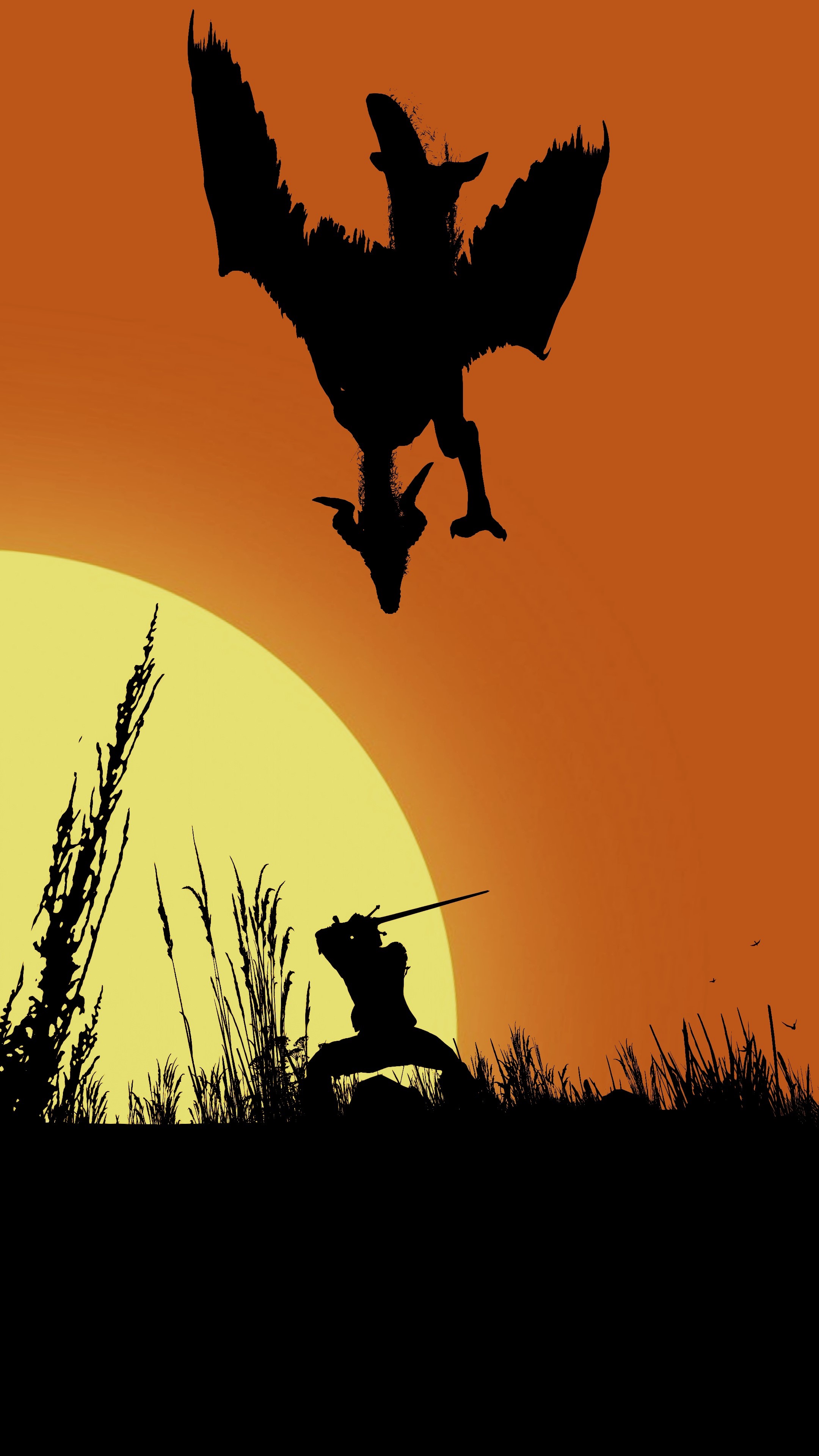 Geralt from The Witcher 3 fighting a dragon at sunset HD Phone Wallpaper