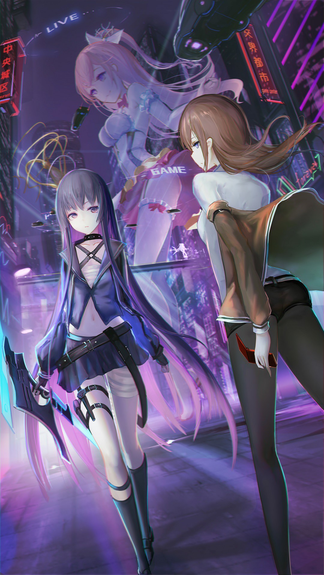 Anime girls in a futuristic city with neon lights HD Phone Wallpaper