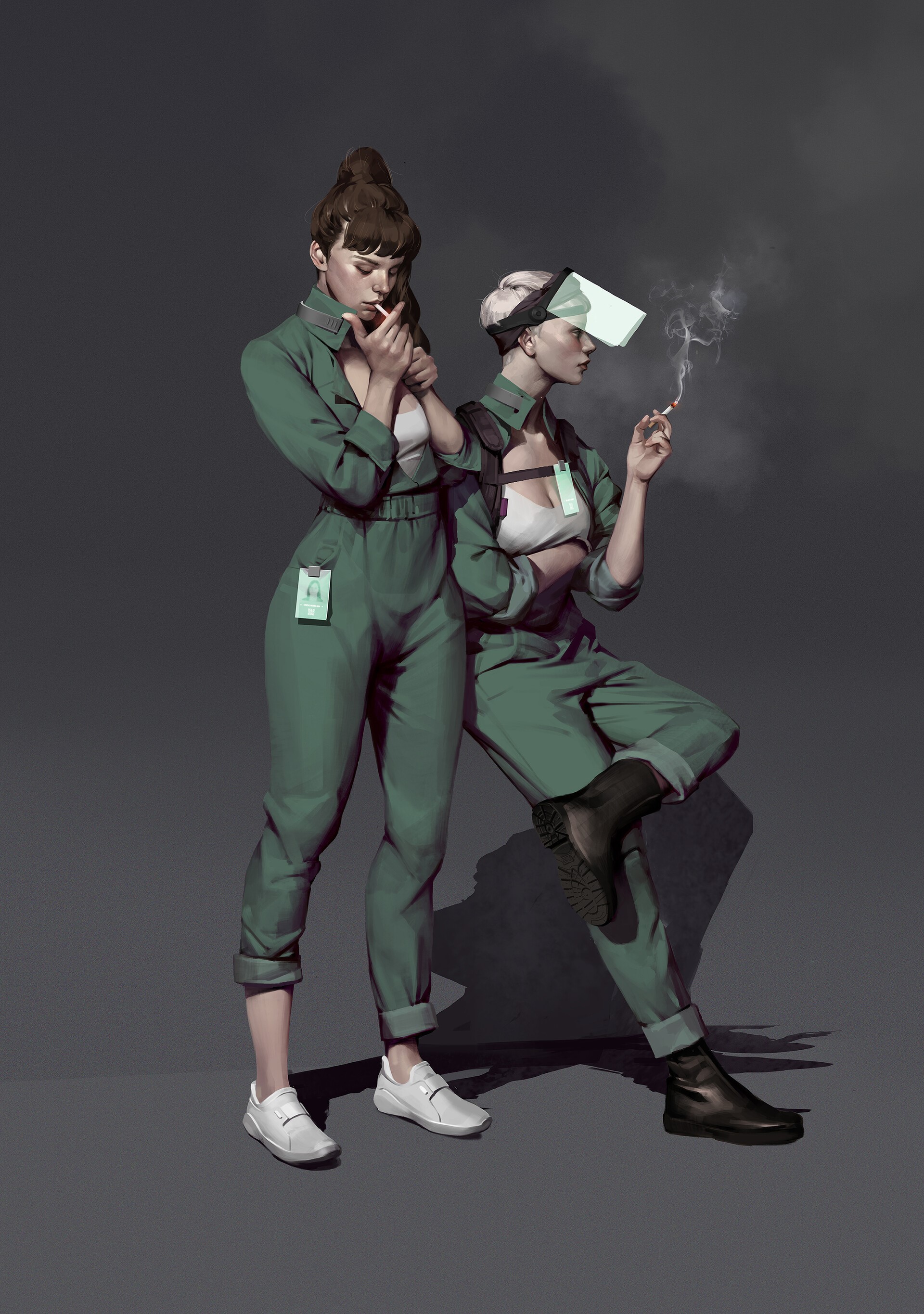 Two women in green jumpsuits smoking HD Phone Wallpaper