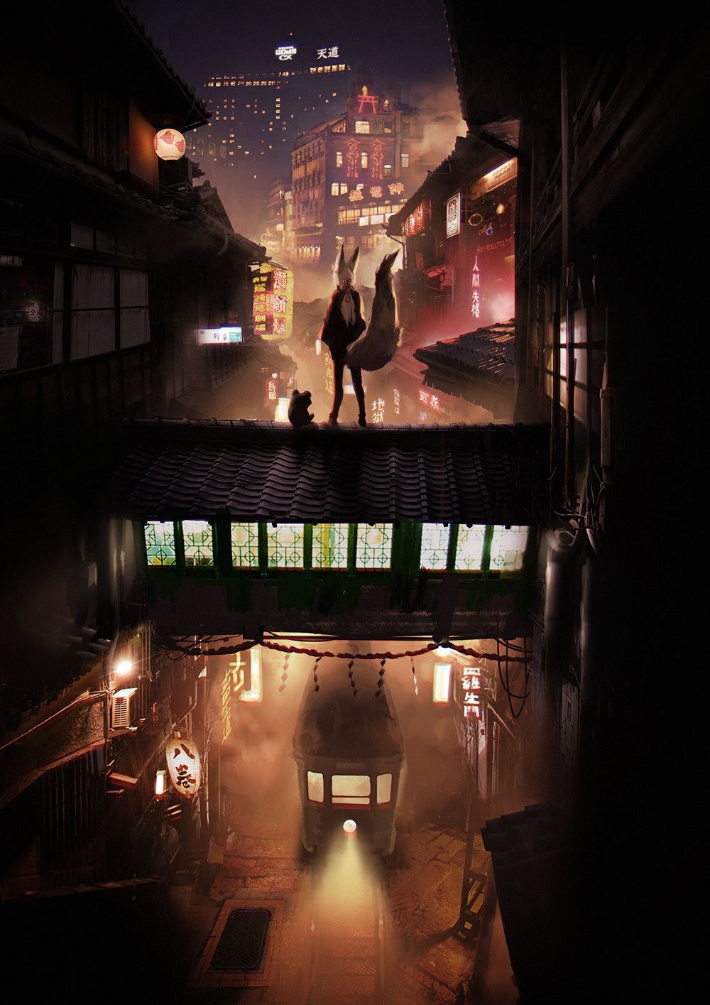 Anime girl with fox tail and creature on rooftop at night HD Phone Wallpaper
