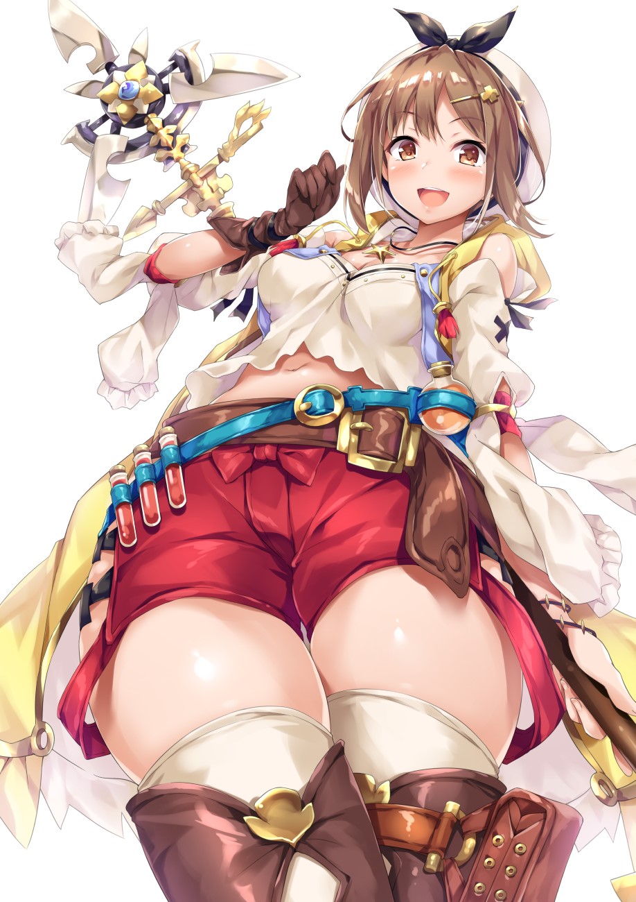 Anime girl with staff and red shorts HD Phone Wallpaper