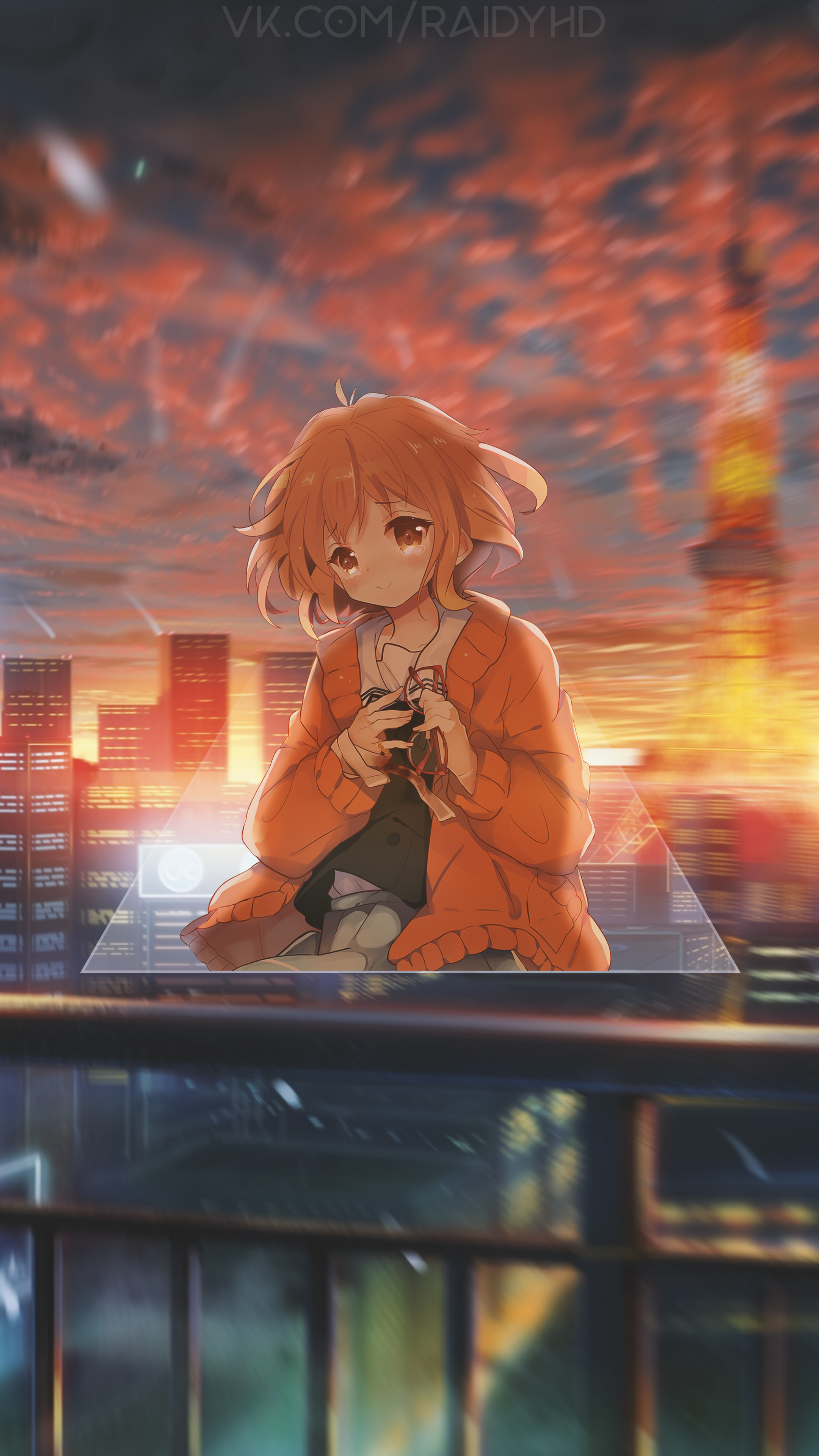 Girl with camera in anime city at sunset HD Phone Wallpaper