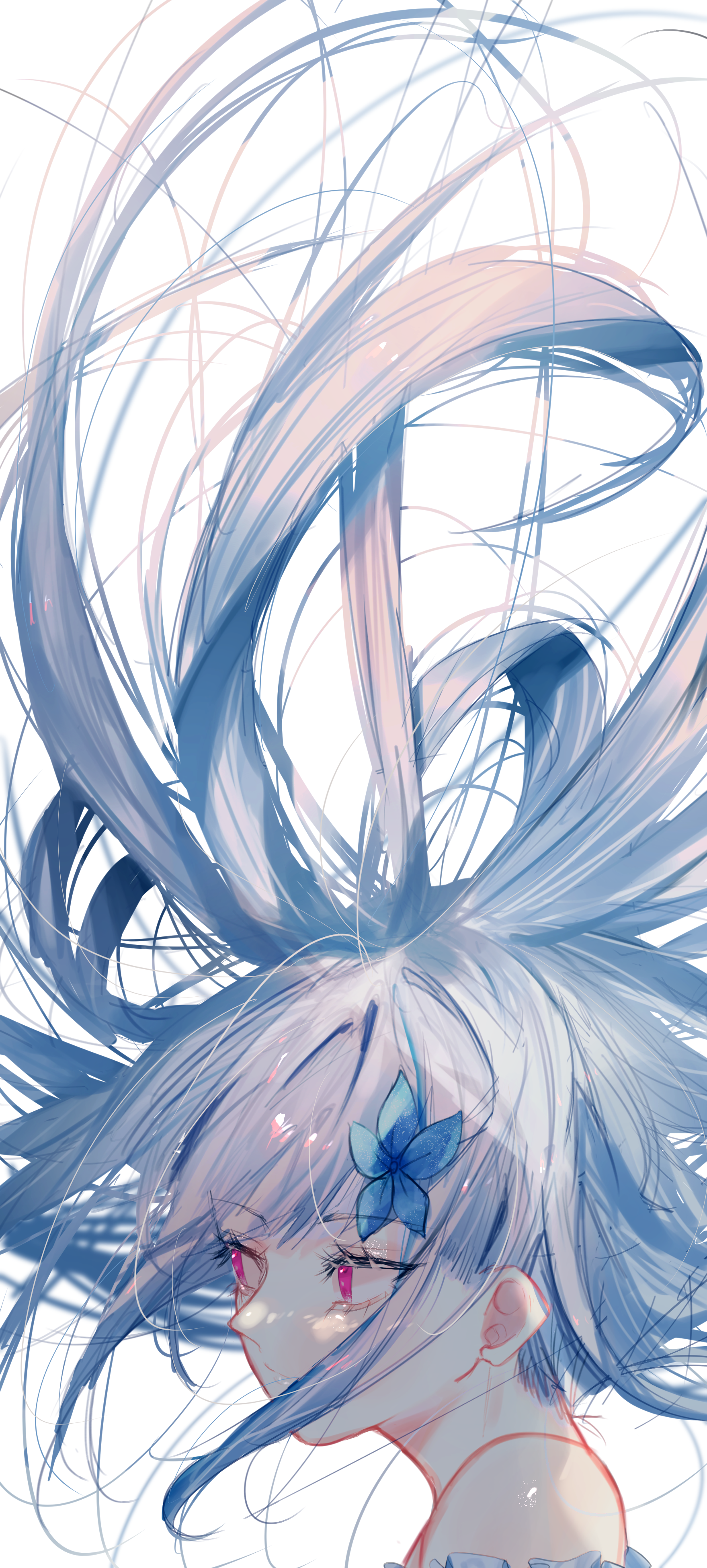 Anime girl with flowing blue hair and pink eyes HD Phone Wallpaper