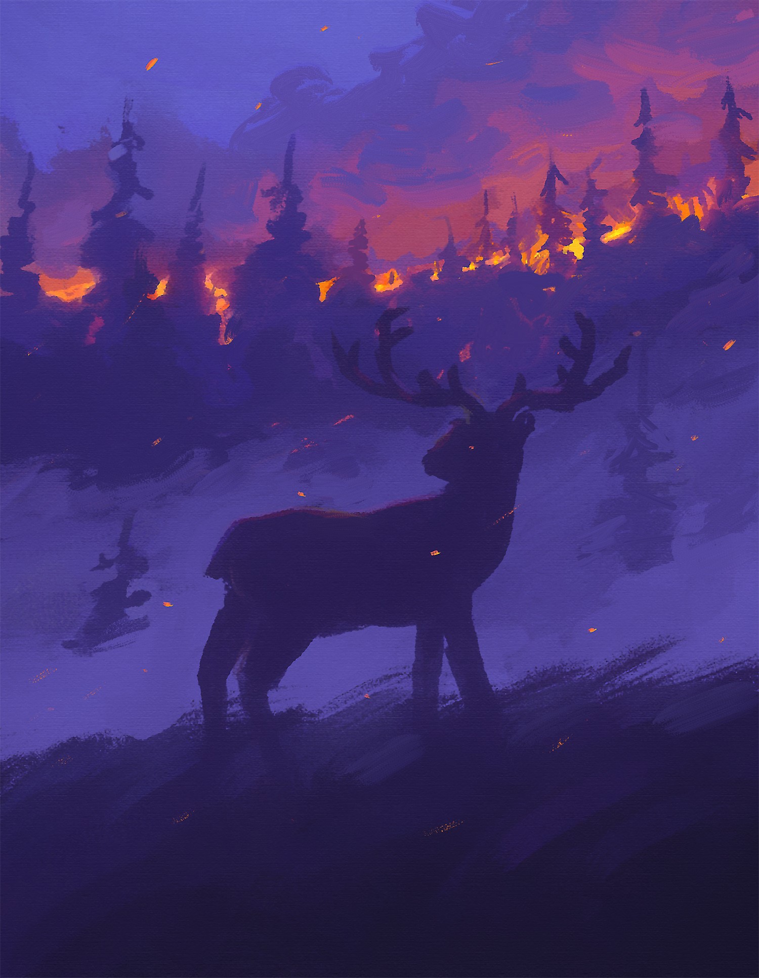 Deer silhouetted against a forest fire HD Phone Wallpaper