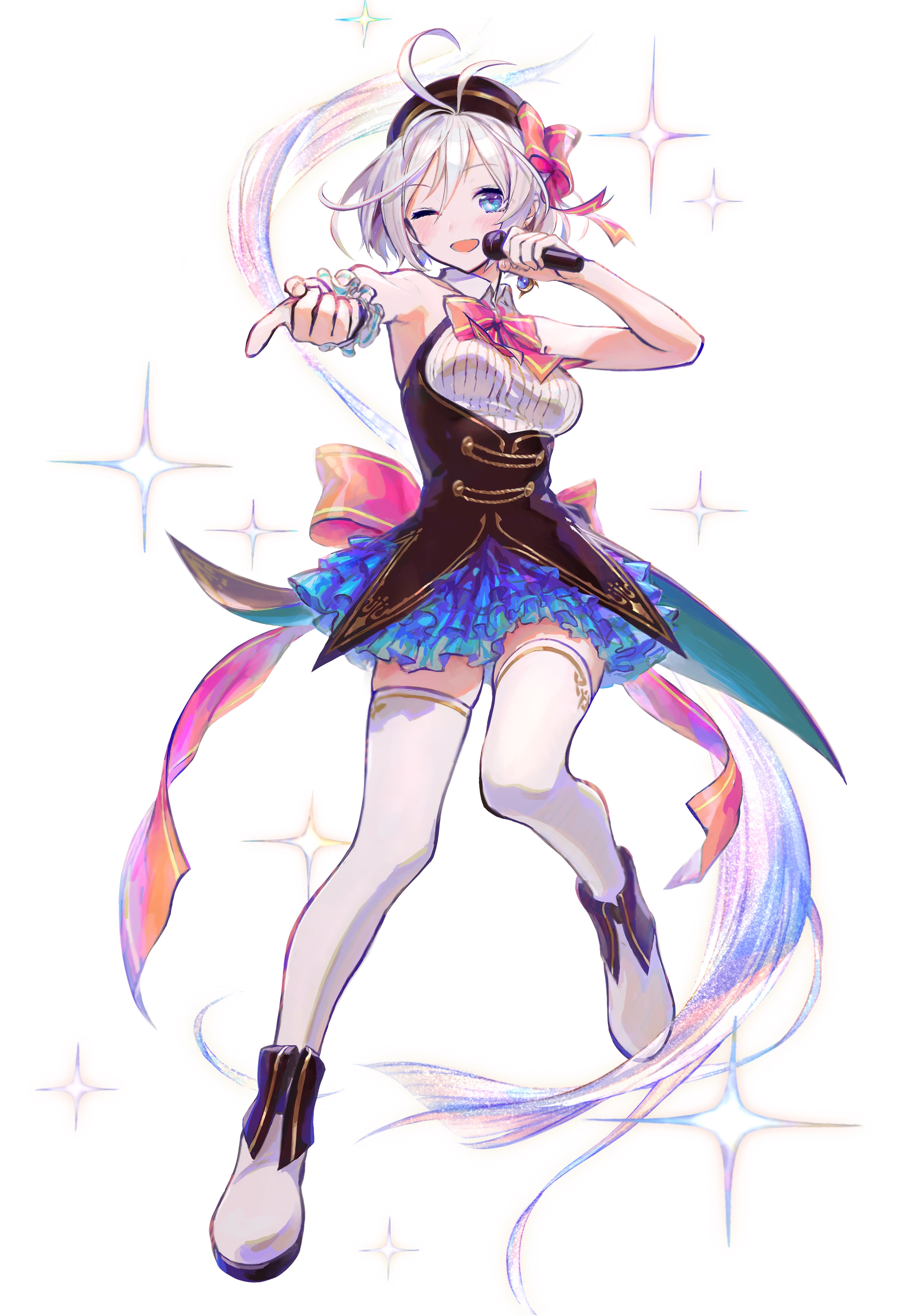 Anime girl singing with microphone and ribbons HD Phone Wallpaper