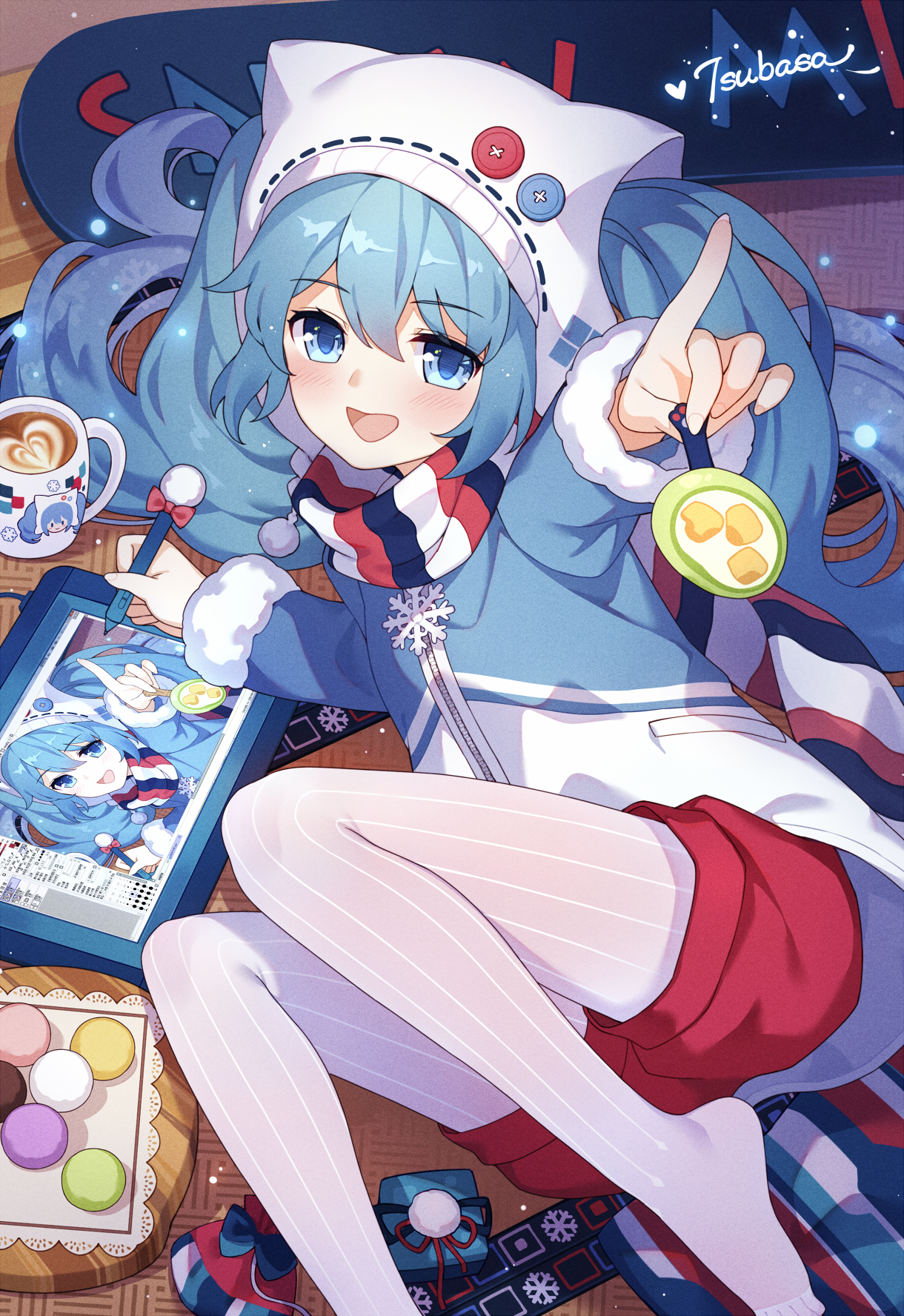 Anime girl with blue hair drawing on a tablet HD Phone Wallpaper