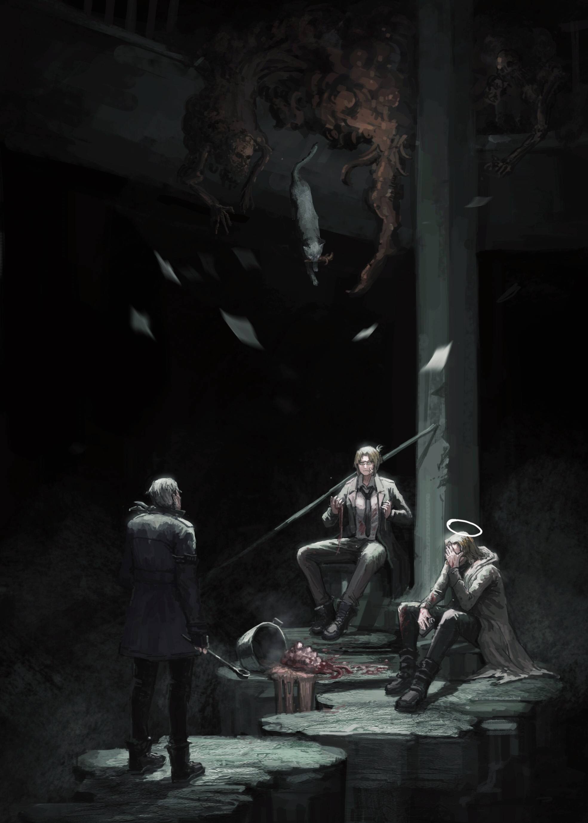 Three men and a creature in a dark setting HD Phone Wallpaper