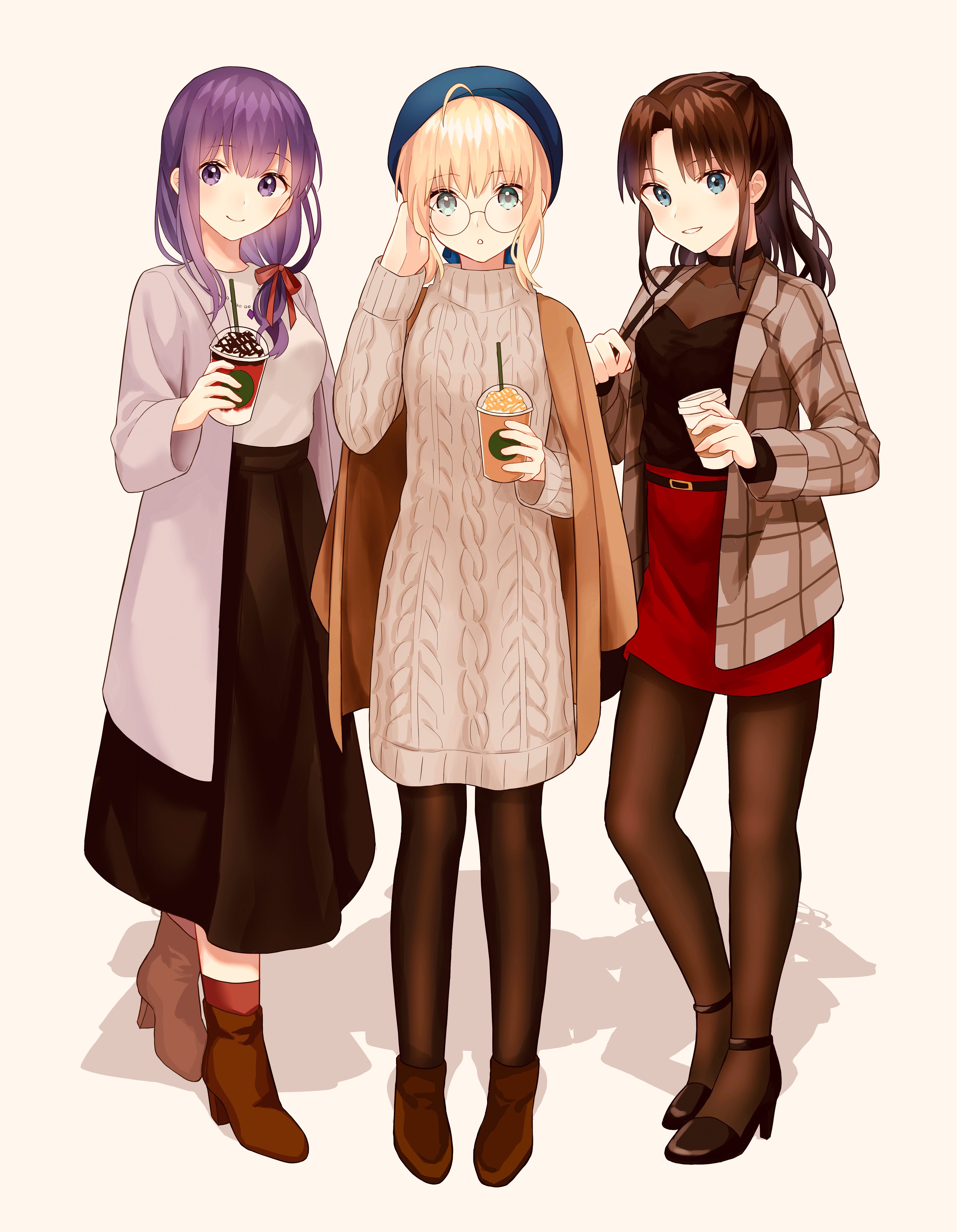 Three anime girls from Fate Series holding coffee HD Phone Wallpaper