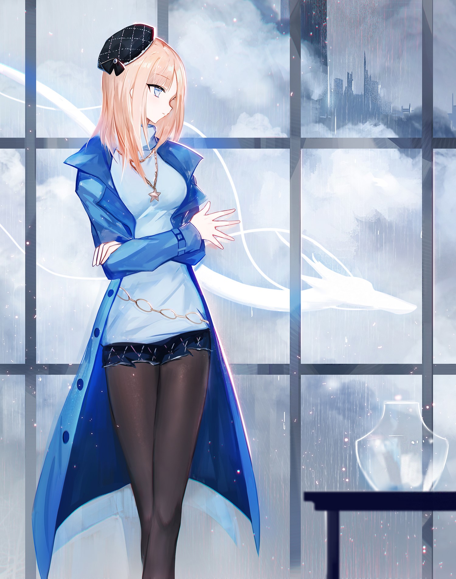 Anime girl in blue coat standing by window HD Phone Wallpaper