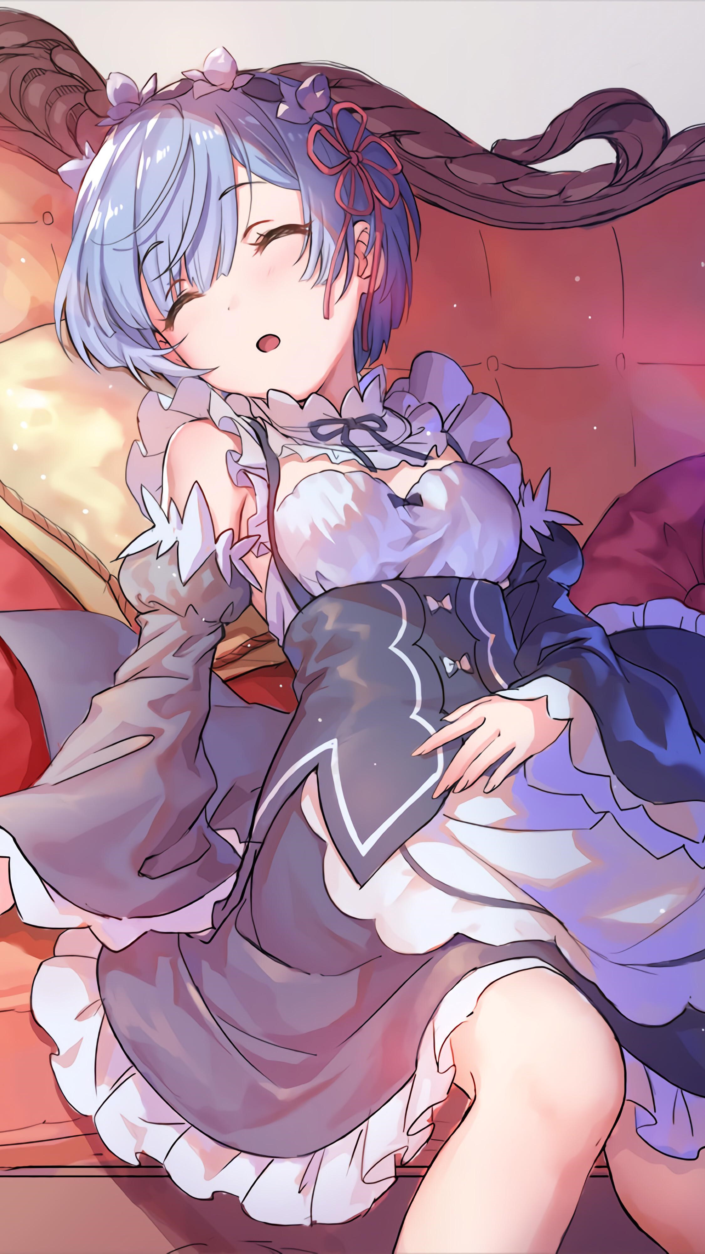 Rem from Re:Zero sleeping on a couch HD Phone Wallpaper