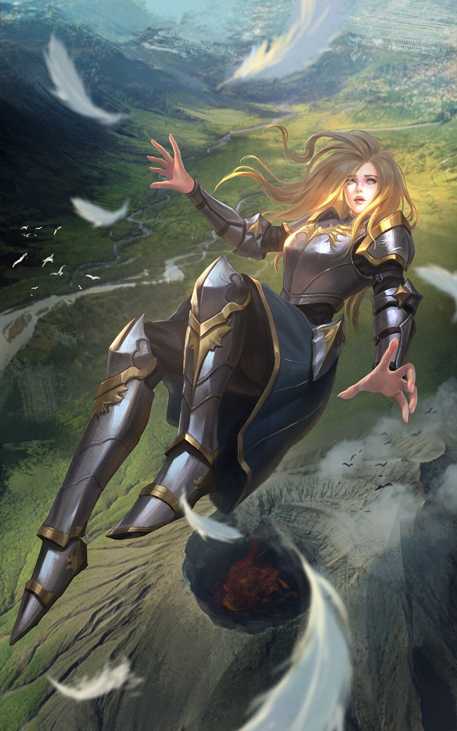 Fantasy girl in armor falling into a volcano HD Phone Wallpaper