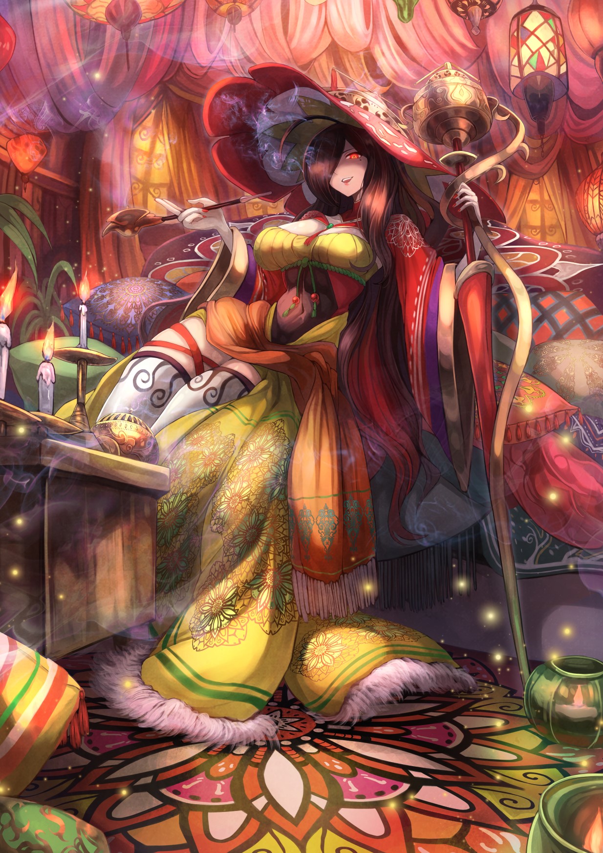 Anime girl in ornate room with staff HD Phone Wallpaper
