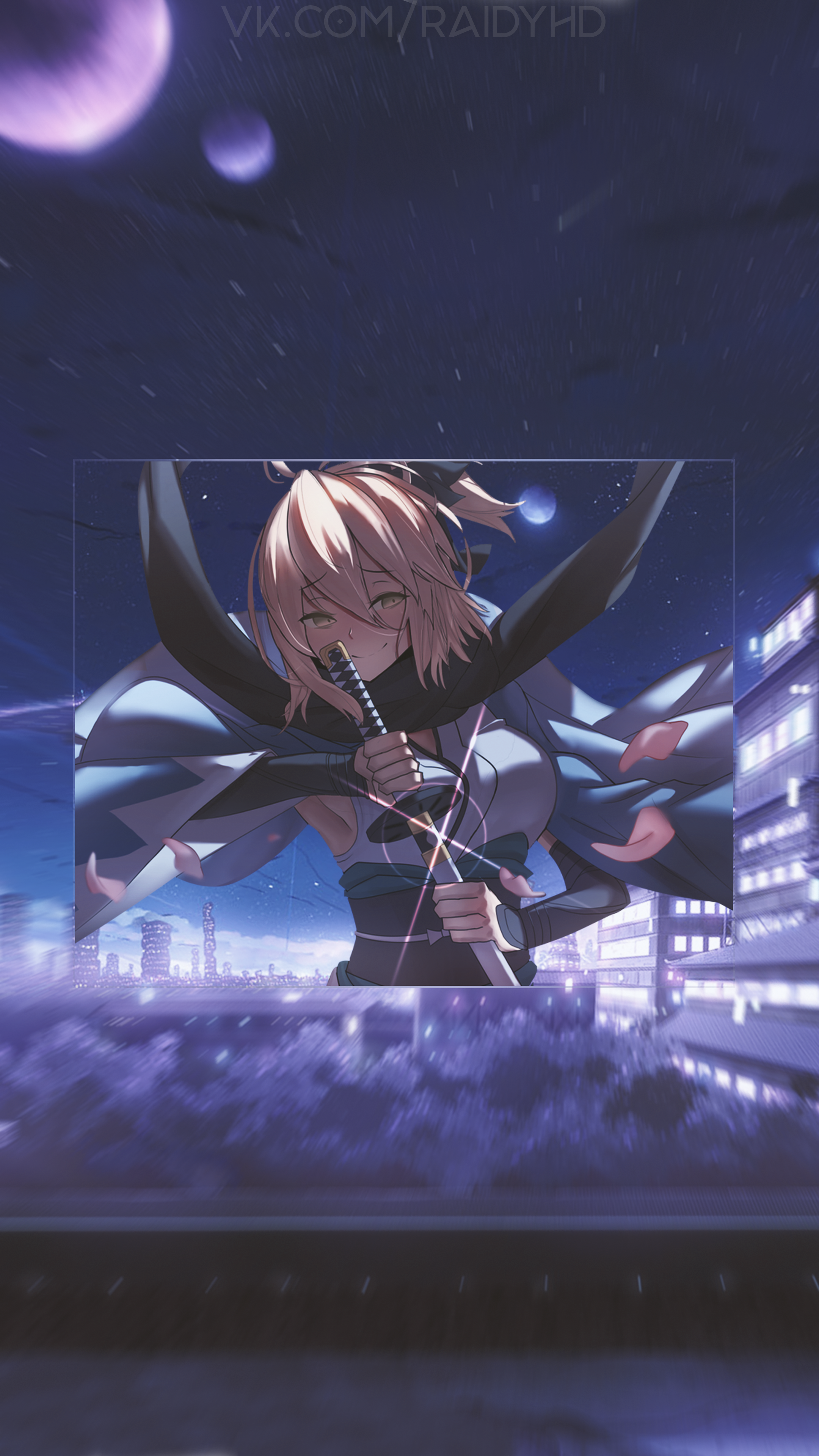 Anime girl with sword in front of city HD Phone Wallpaper